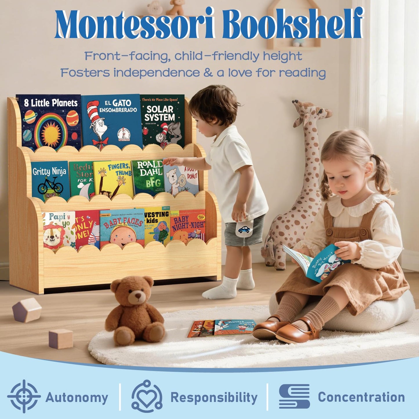 NANATI 3-Tier Scalloped Kids Bookshelf, Solid Pine Wood Nursery Book Shelves, Montessori Bookcase,Toddler Bookshelf for Kids Room, Childrens Book Shelf Organizer for Playroom and Classroom
