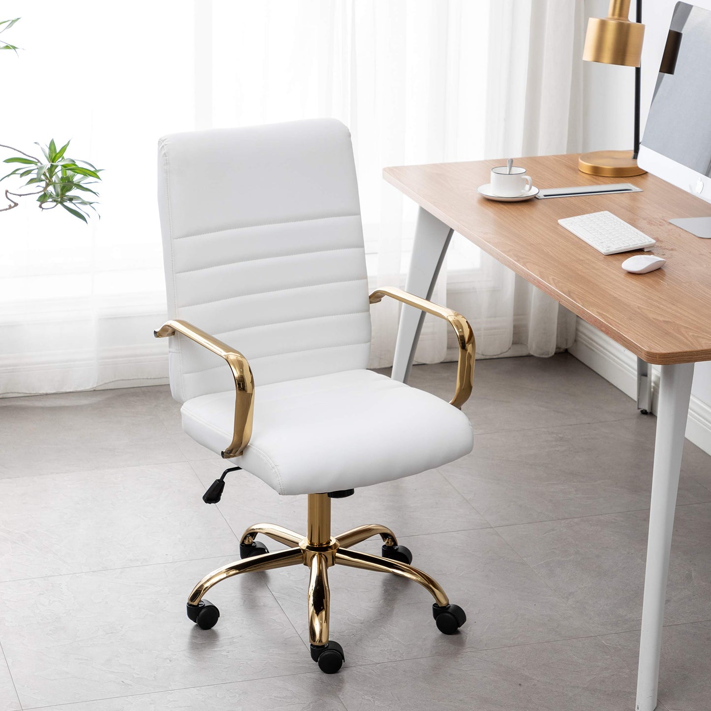 BTEXPERT White Ergonomic Faux Leather Adjustable Home Office Arm Chair Golden Finish (5162)