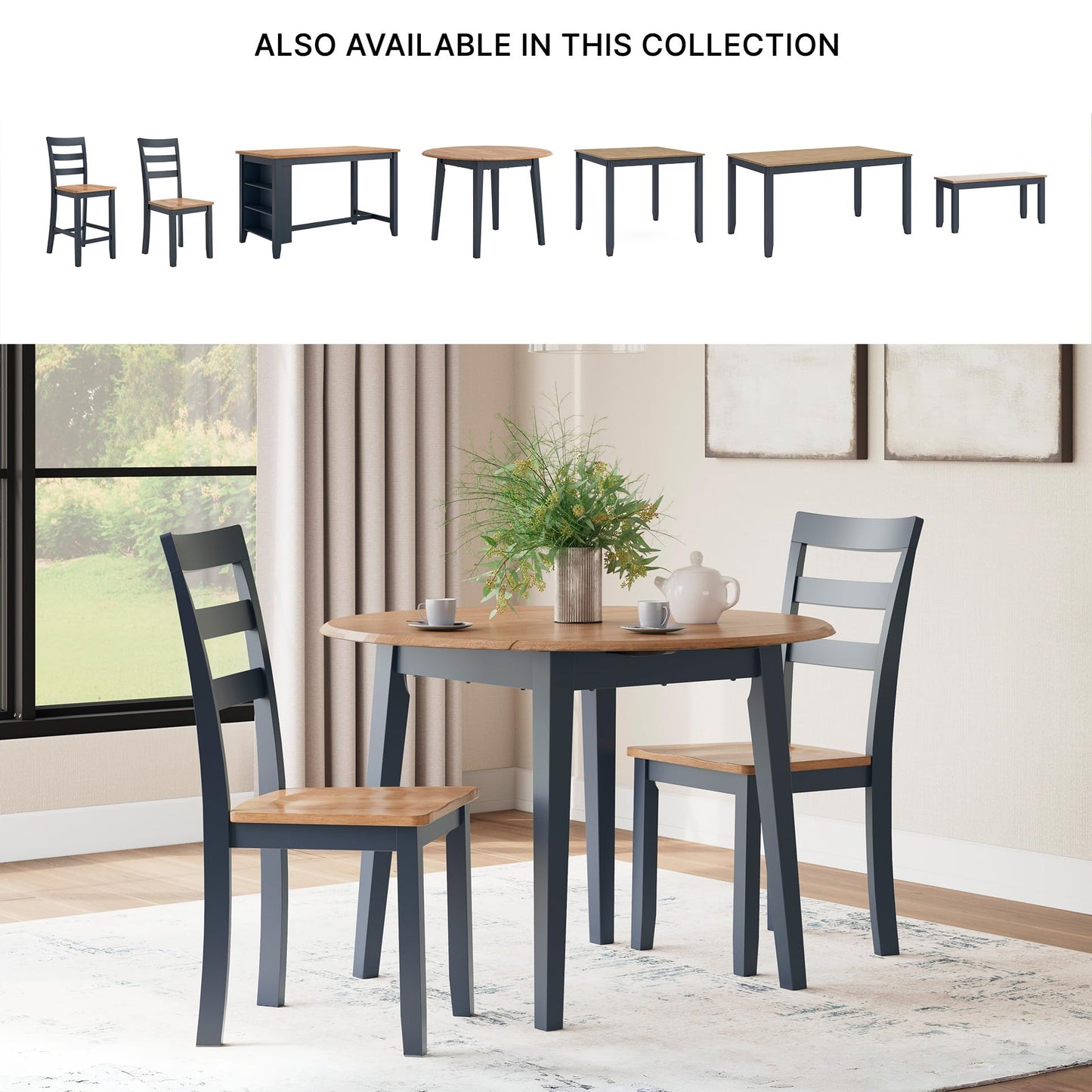 Signature Design by Ashley Gesthaven Modern Dining Drop Leaf Table with 4 Legs, Light Brown & Blue