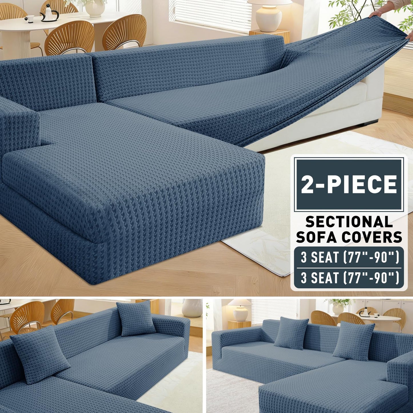 ZNSAYOTX Stretch Sectional Couch Covers New-Houndstooth Texture, Thick Slipcovers with Elastic Bottom for L Shape Sectional Sofa, 2 Pcs Pet Friendly Universal Protector (Sofa or Chaise), Dark Grey