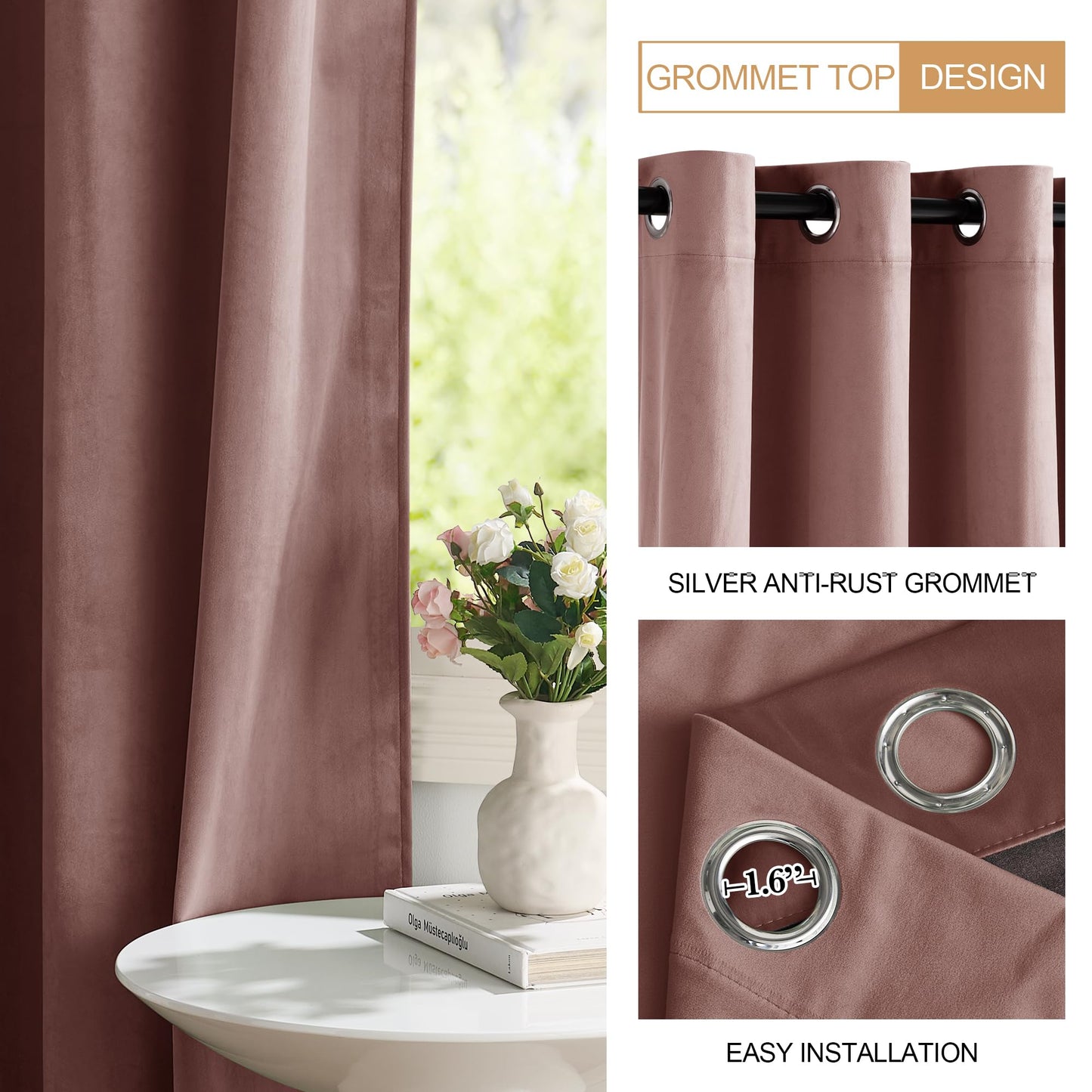 PONY DANCE Dusty Rose Velvet Blackout Curtains 108 Inches Long for Bedroom, Luxury Thermal Insulated Grommet Room Darkening Window Drapes for Living Room, Cortinas de Terciopelo, 2 Panels Set 52Wx108L
