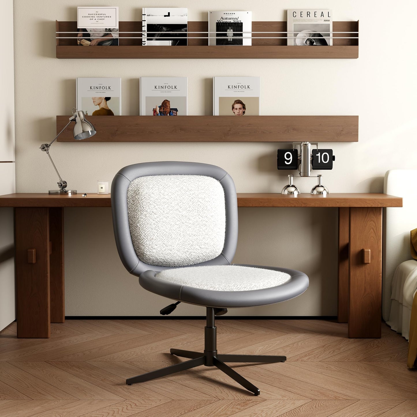 zavxzren Nordic Armless Ergonomic Office Chair with Wheels, Diamond Tufted PU Leather Computer Chair, Adjustable Height Desk Chair with Solid Wood Back for Small Home Office (No Wheels-Beige)