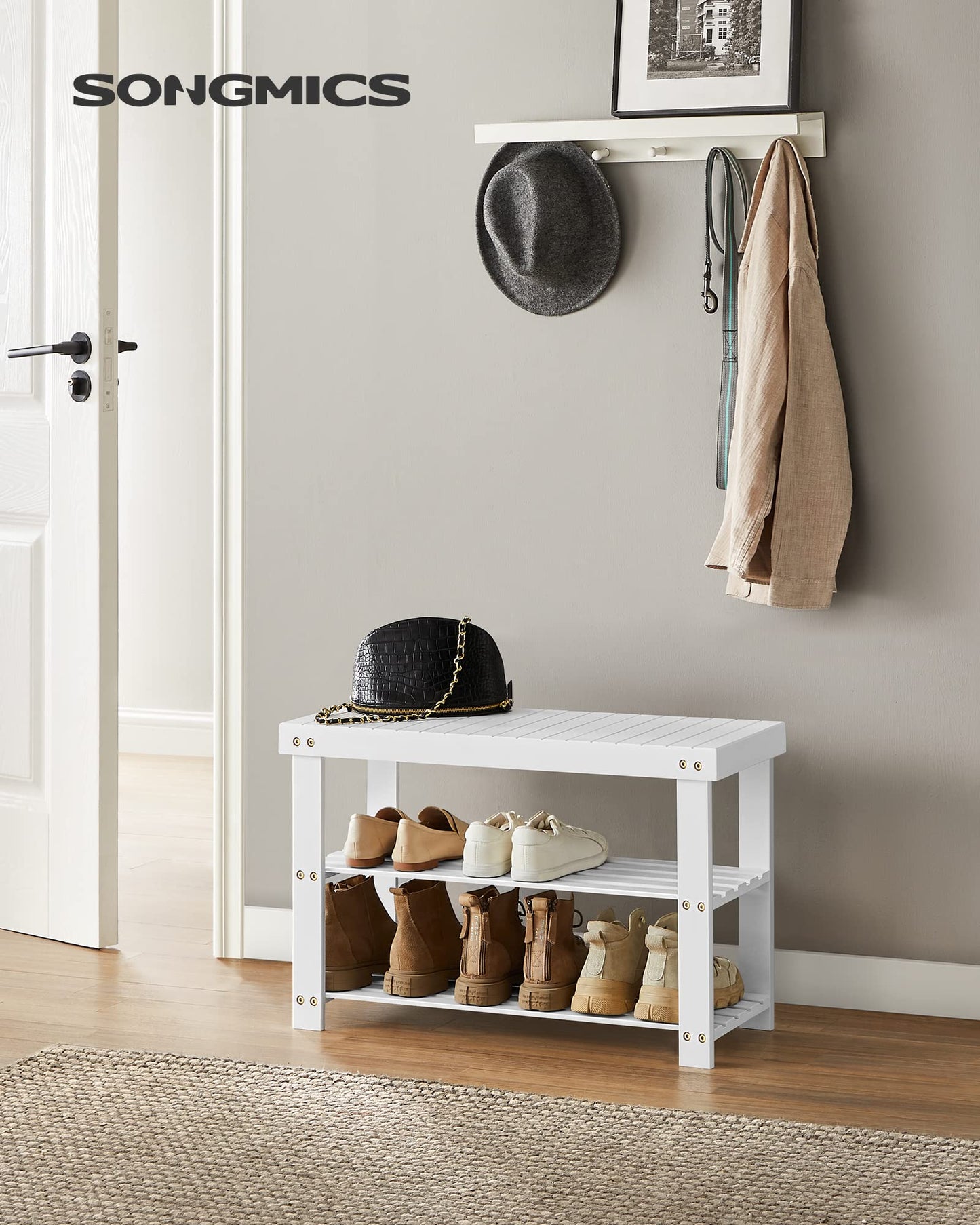 SONGMICS Shoe Rack Bench, 3-Tier Bamboo Shoe Storage Organizer, Entryway Bench, Holds Up to 286 lb, 11.3 x 27.6 x 17.8 Inches, for Entryway Bathroom Bedroom, Cloud White ULBS004W01