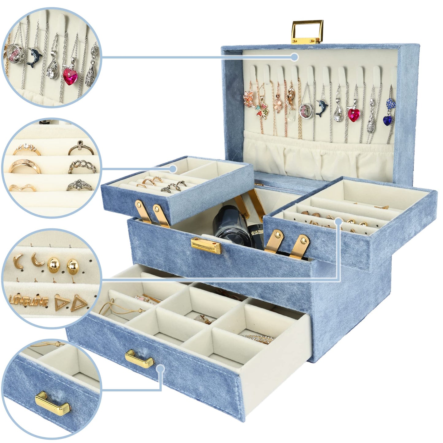 Dajasan Jewelry Organizer Box, Large Jewelry Boxes for Women Girls, Space-Saving 3 Layers Jewelry Storage Case with Drawer, Gift Idea for Christmas, Valentine's Day, Birthday, Mother's Day (Blue)
