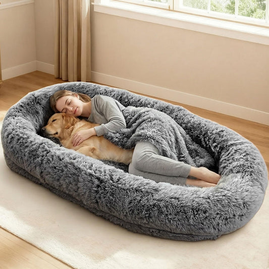 XL Human Dog Bed 71"x 44"x 12.5" Cozy Giant Floor Bed for Adults, Soft Faux Fur Human Sized Dog Bed with Washable Removable Cover, Side Pocket & Blanket, Black Grey