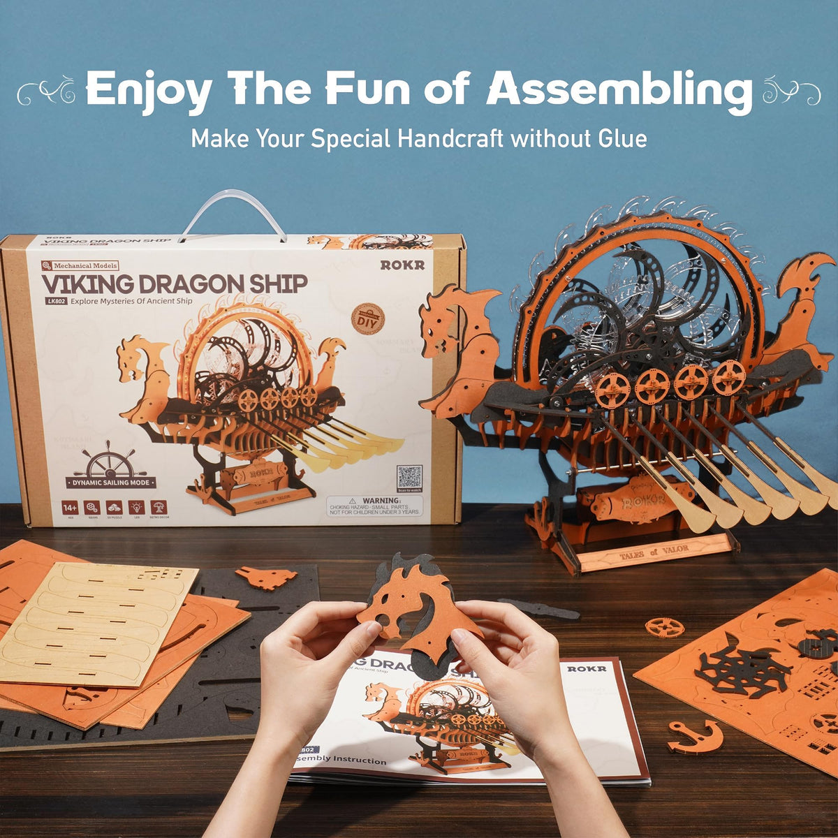 ROKR 3D Wooden Puzzle for Adults, 3-Hour Build, Viking Dragon Ship with LED Lights, Model Kits for Adults to Build, Ideal Gift for Boys and Men