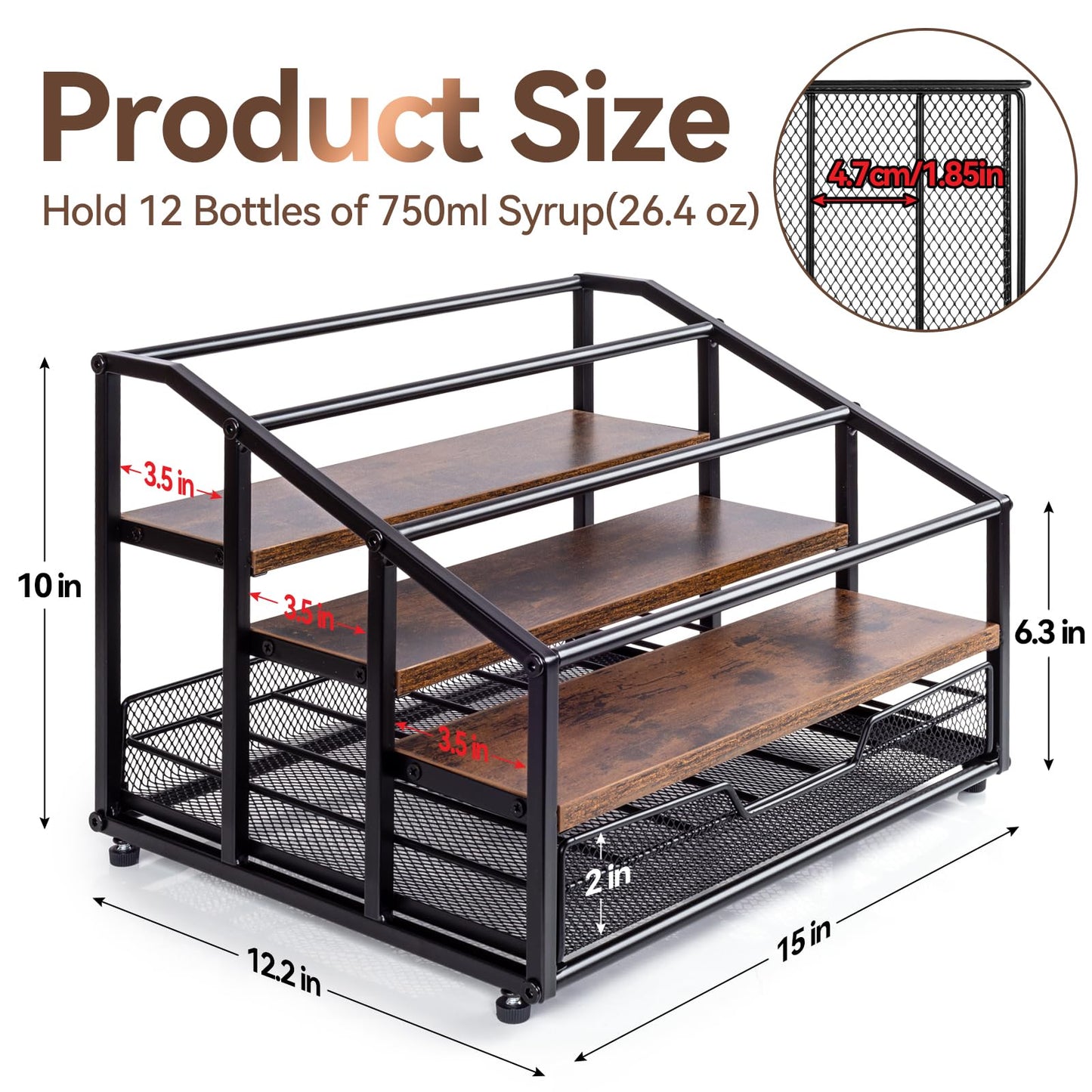 kimilus Coffee Syrup Rack Organizer, 4-Tier 12 Bottle Syrup Rack with 35 K Cup Drawer for Coffee Bar, Countertop Bottle Holder Stand for Dressing for Kitchen Cafe Station