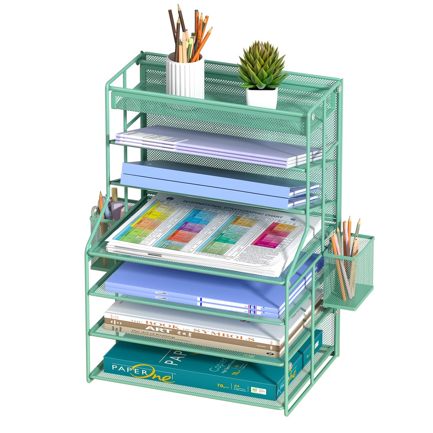handimp Green 7 Tier Office File Organizer, Letter Tray Paper Organizer with Pen Holder and Metal Hanging Basket, Vertical Desktop File Holder for Home Office Organization
