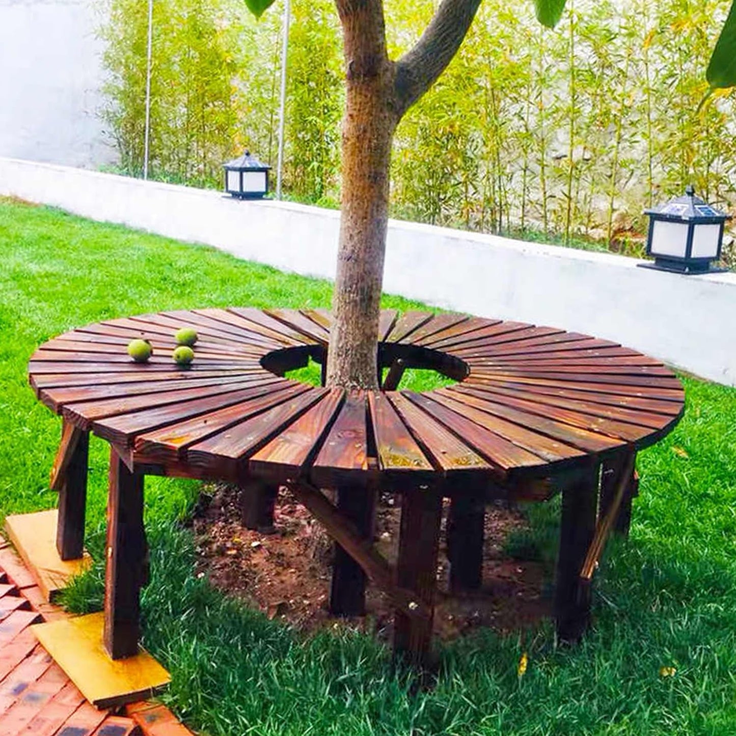 Fan-Shaped Wooden Tree Bench, Semi-Circular Patio Seat, Curved Garden Stool for Yard, Lawn & Poolside - Perfect Outdoor Furniture (Benches Only)