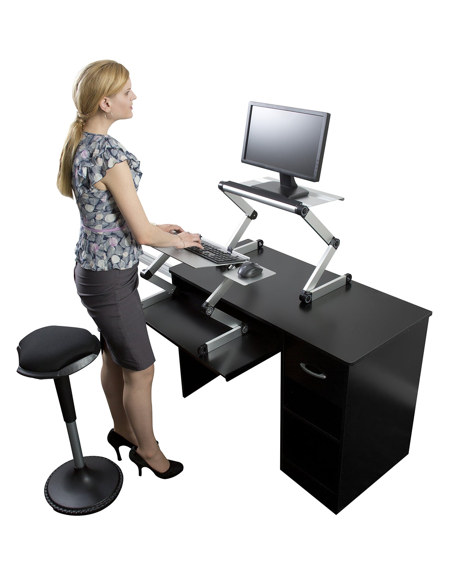 WorkEZ Adjustable Standing Desk Converter, Sit to Stand Desk Riser, Standing Desk for Laptop Monitor, Adjustable Height & Angle Negative Tilt, Silver