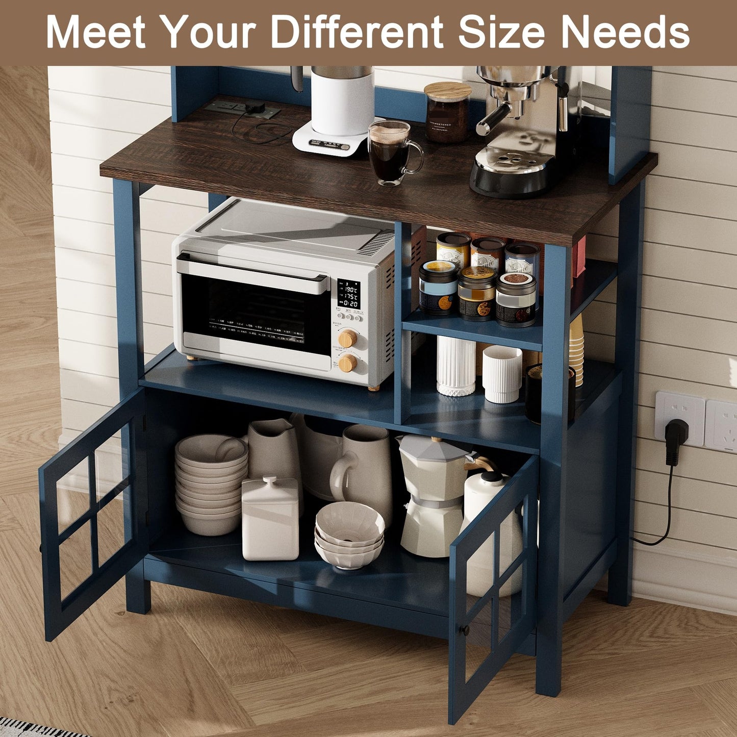 ChooChoo Farmhouse Coffee Bar Cabinet with Storage, Bakers Rack with Power Outlets, Microwave Stand Kitchen Cabinet with Hutch and 6 Hooks, Blue