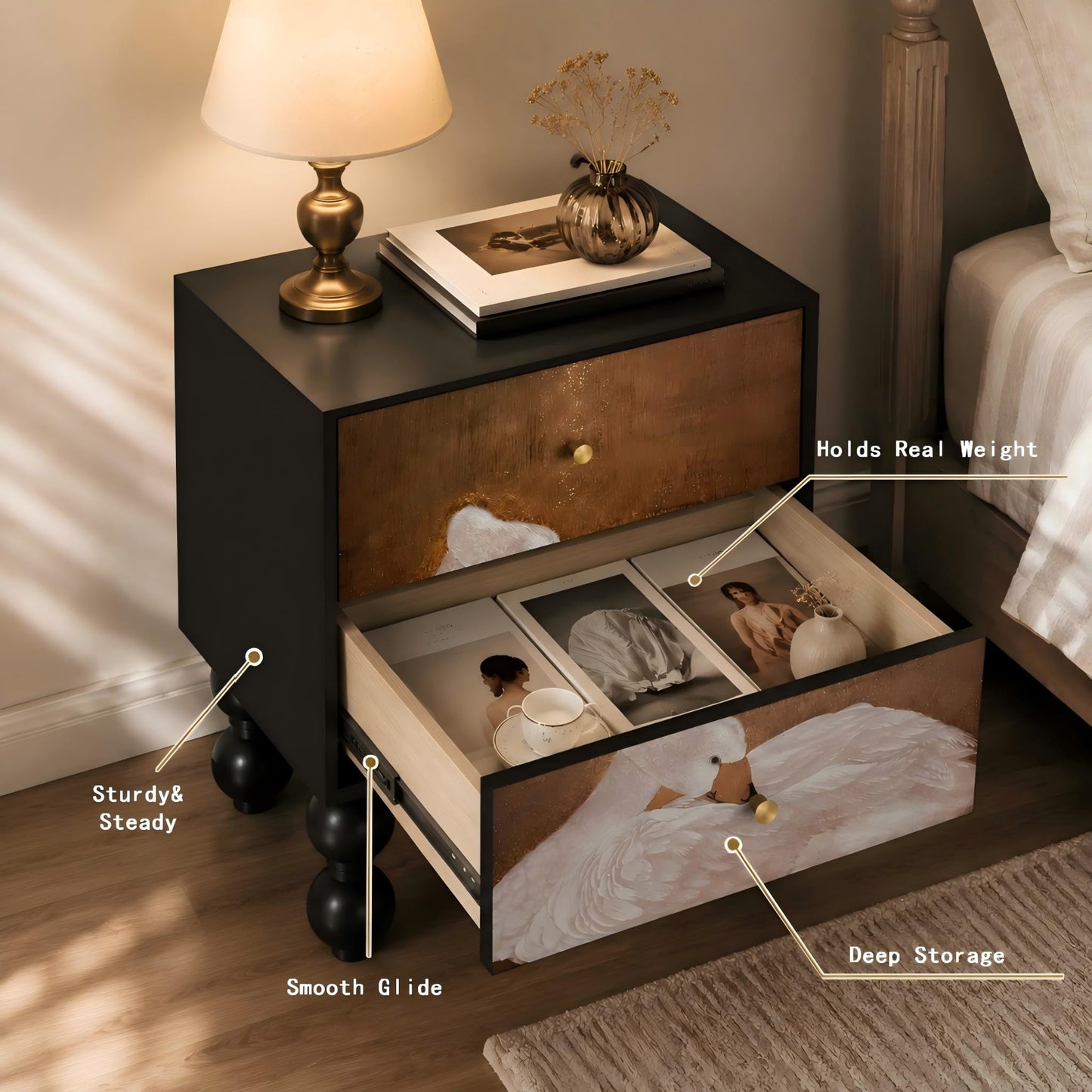 Pine Wood Art Panel Nightstand with Swan Art Pattern, 2 Drawer Turned Legs Bedside Table, Easy Assembly Artistic Bedroom Storage Cabinet