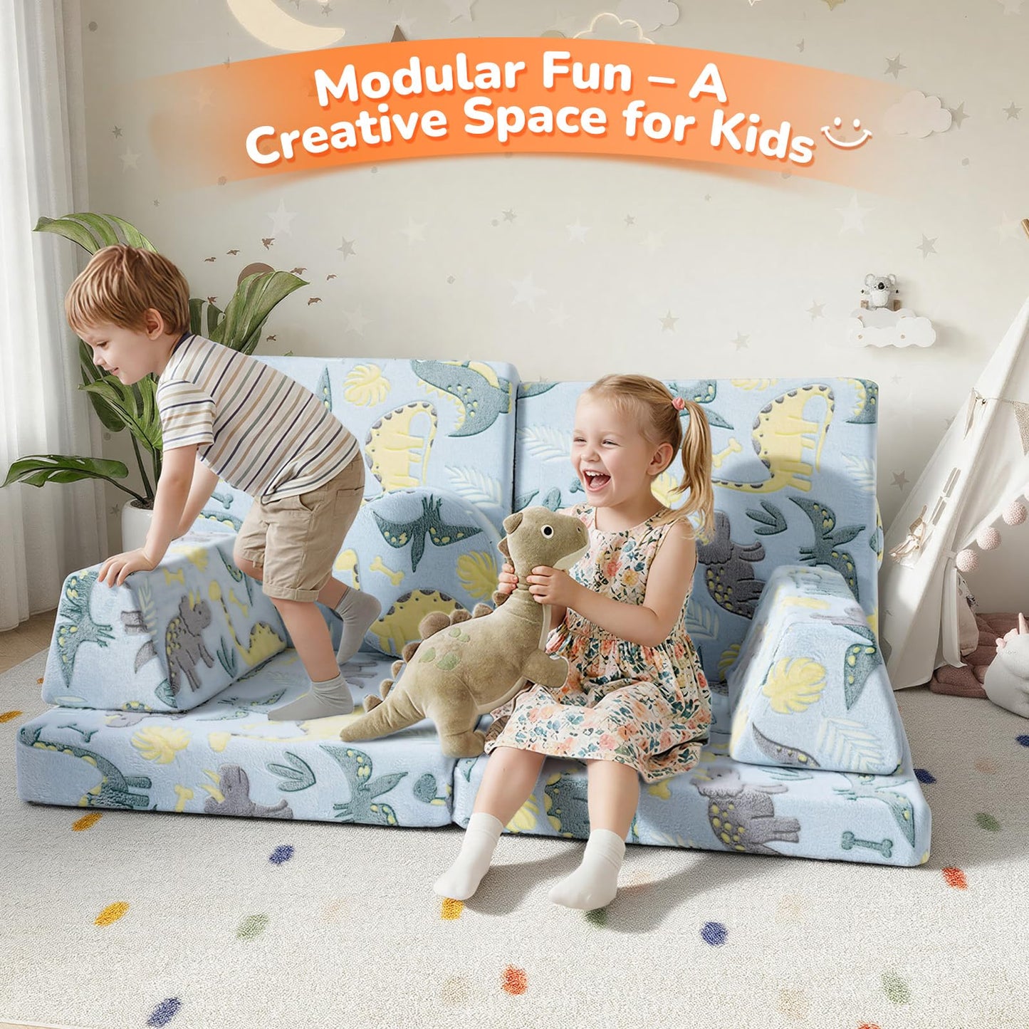 MeMoreCool Kids Couch, Blue Dinosaur Modular Foam Play Couch, Ages 3+