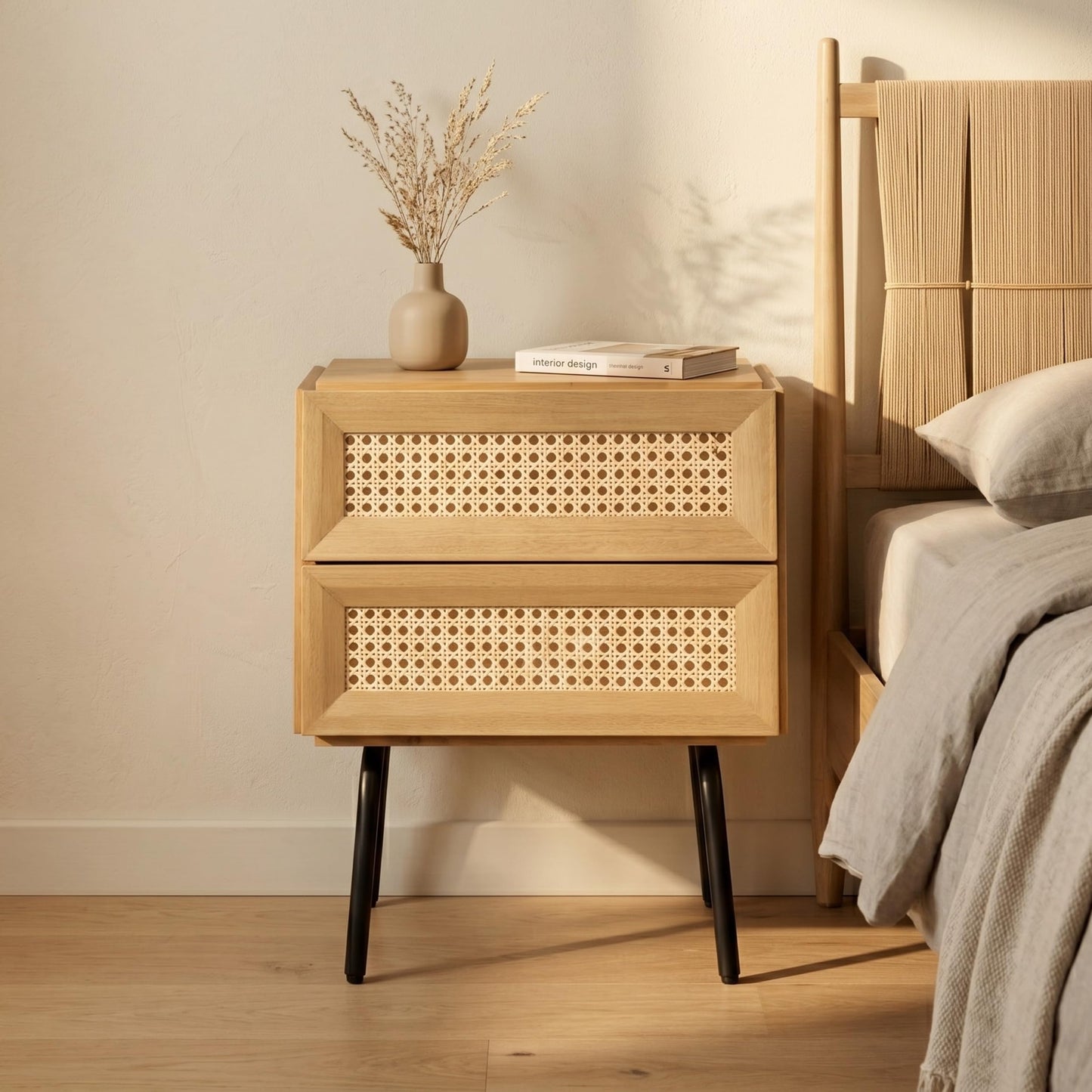 NTC Solid Oak Drawer Face Lulu Nightstand with Natural Rattan Drawer, Mid-Century Side Table for Bedroom, Bedside Furniture, End Table – Waterproof, Heat Resistant, Easy to Assemble - Sand