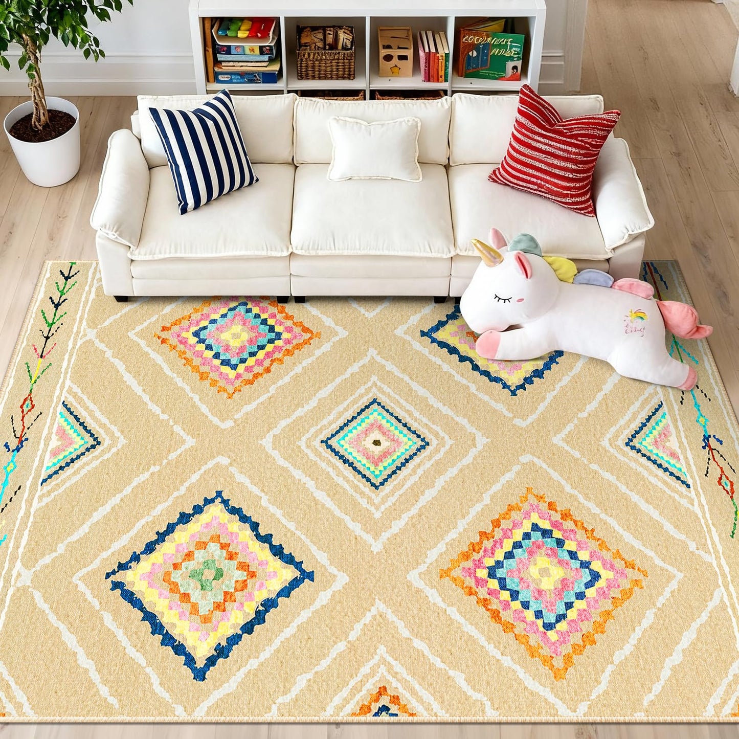 Area Rug 8x10 Rug Machine Washable Non-Slip Low Pile Print Pattern Western Rug for Living Room Bedroom Entryway Tribal Series -Cream/Beige