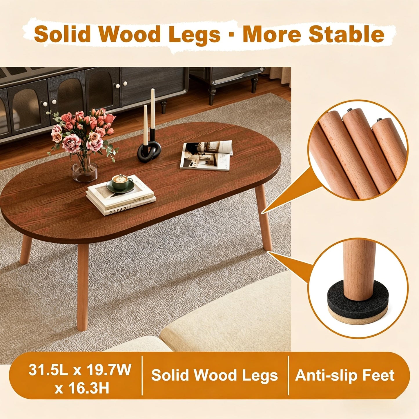 Coffee Table, 31.5" Modern Low Table with Solid Wood Legs, Floor Table Desk for Sitting on The Floor, Easy Assembly Small Space Coffee Table for Living Room, Apartment, Office (Large Oval BlackNut)
