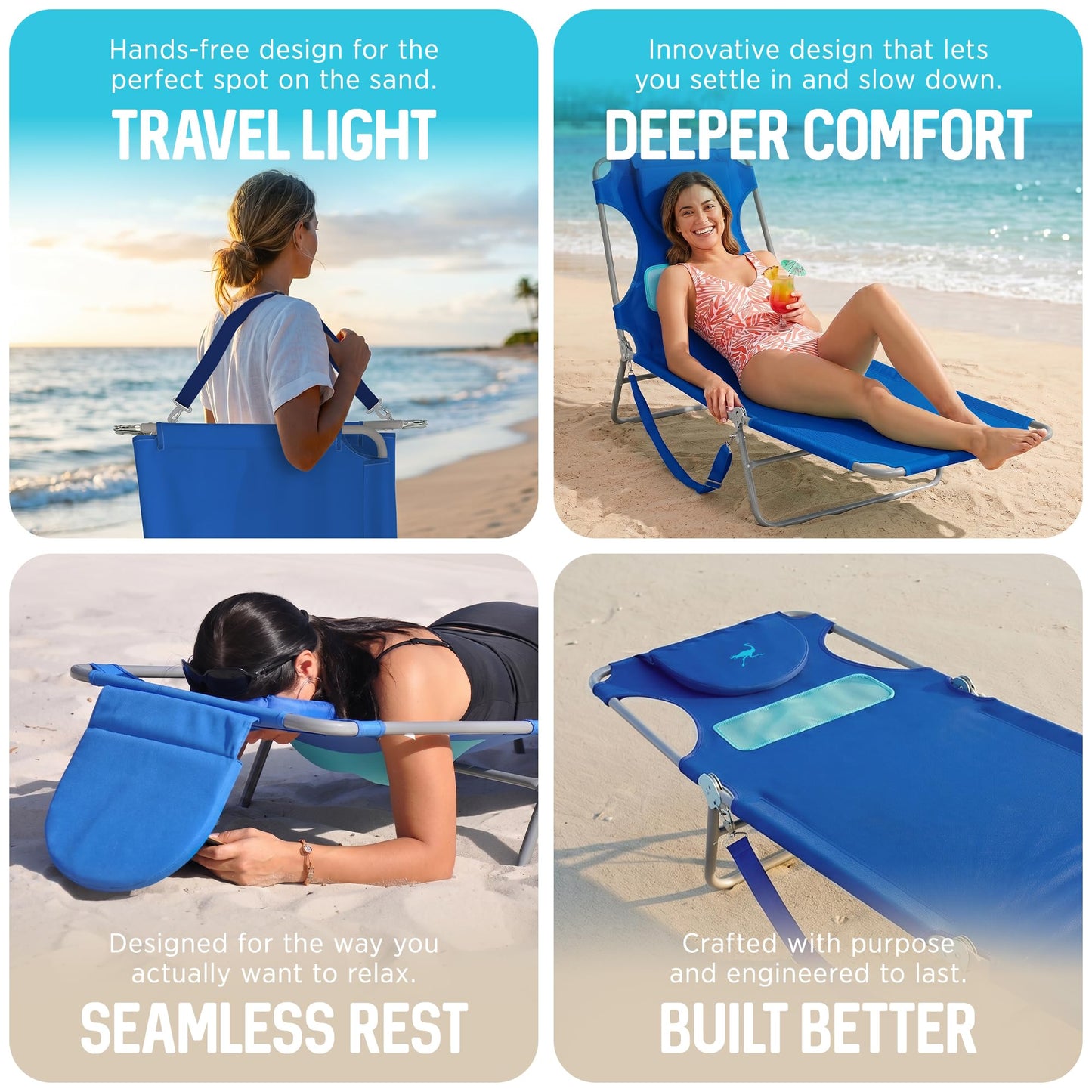 Ostrich the Ladies Comfort Lounger with Chest Support, Foldable and Portable Reclining Outdoor Patio Beach Lawn Camping Pool Tanning Chair, Ocean Blue