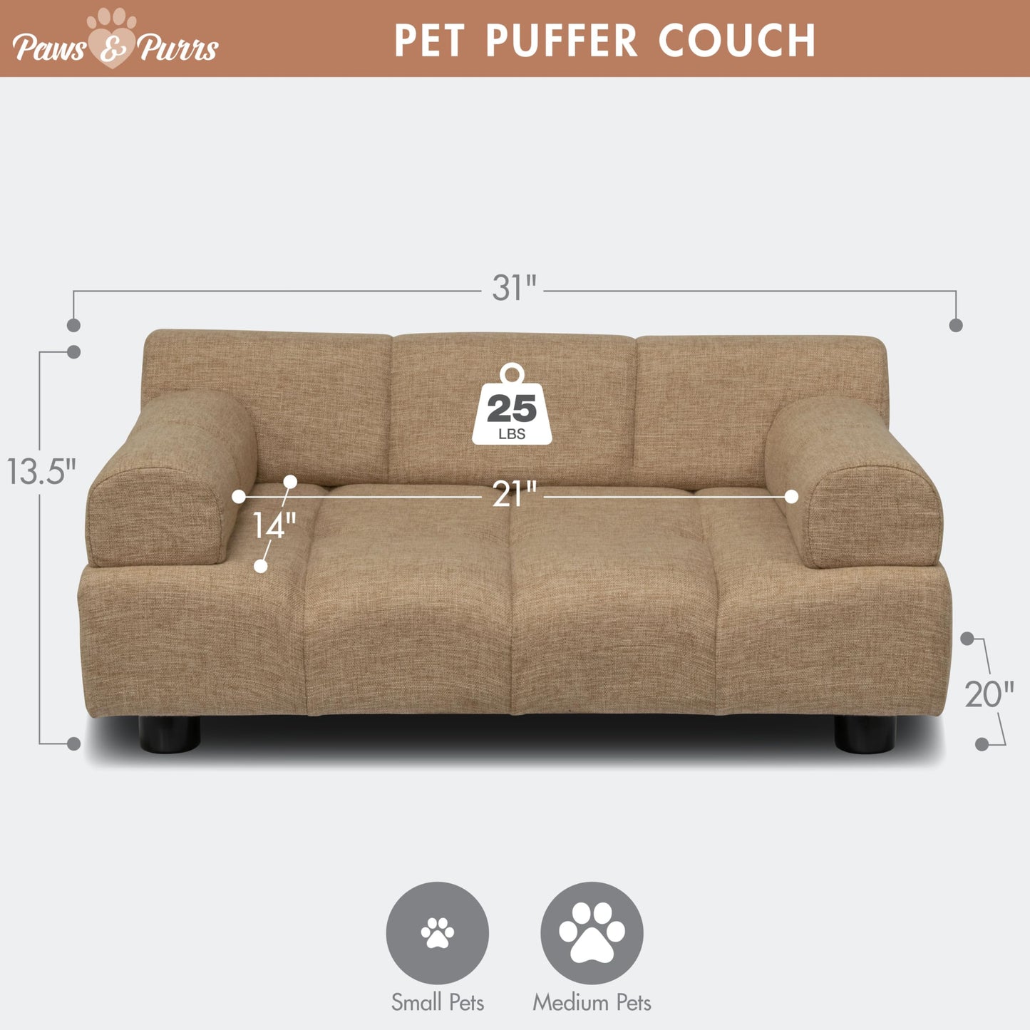 Paws & Purrs Puffer Pet Sofa Bed, Dog or Cat Couch with Tufted Cushion and Armrest, Stylish Indoor Pet Furniture, Sand