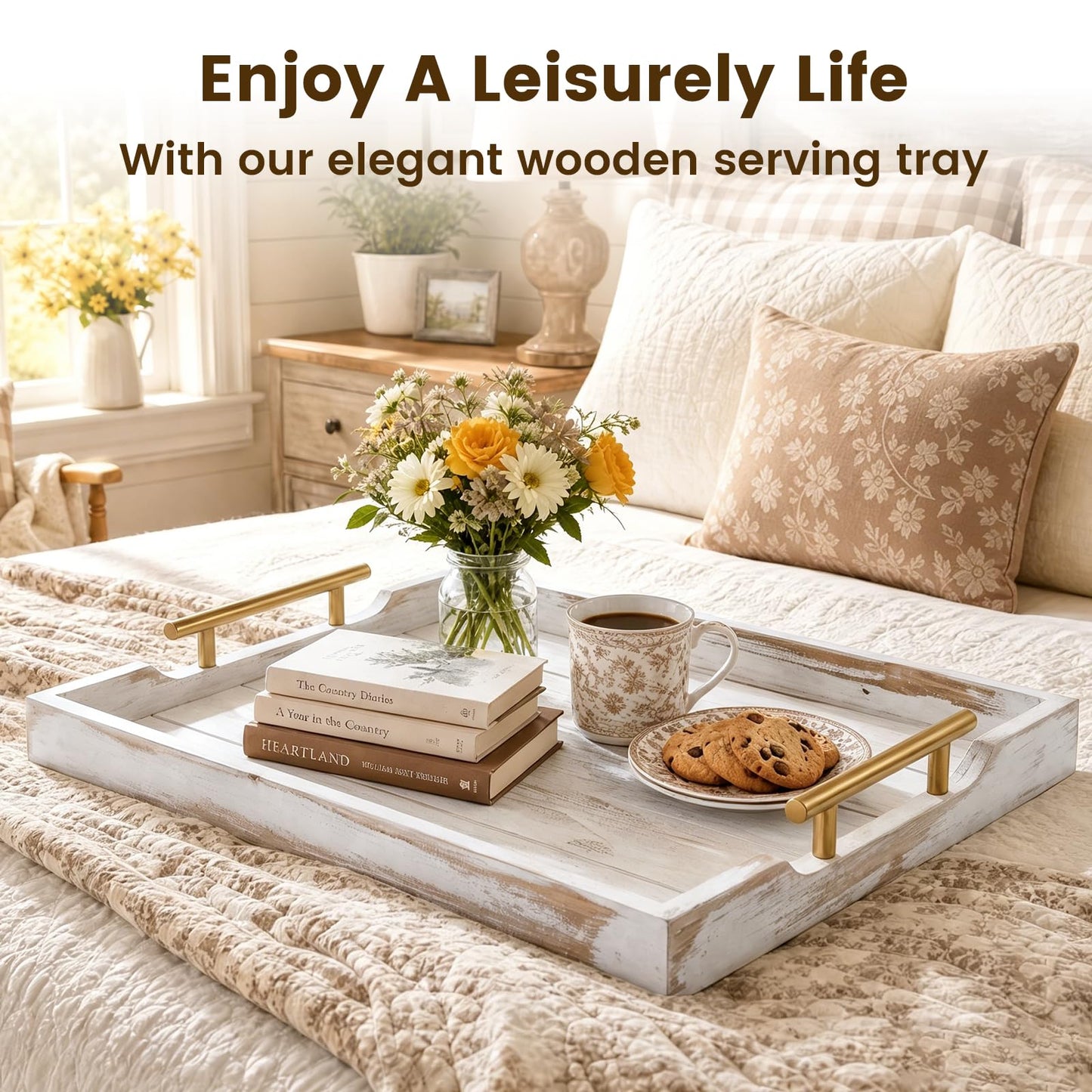 ComfyTune Wood Serving Tray with Metal Handles, 17x13in Large Wooden Tray for Ottoman, Coffee Table, Breakfast, Dinner & Bar, Decorative Tray for Living Room, Bedroom, Bathroom and Kitchen, Off-White