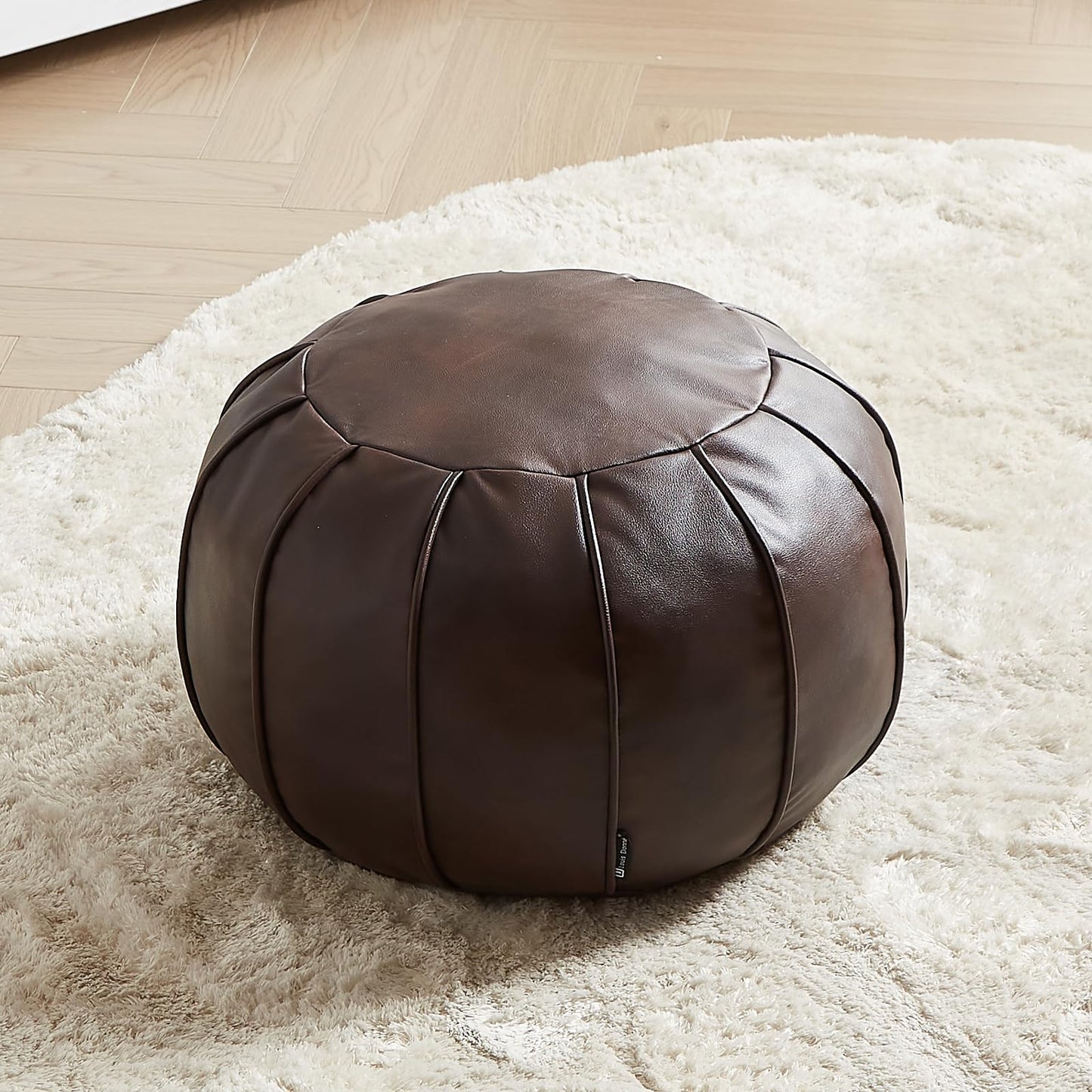 Louis Donné Brown Waterproof Faux Leather Unstuffed Pouf Ottoman, Handmade Moroccan Pouf Cover 21"x13", Round Floor Cushion Floor Chair Footstool for Living Room, Bedroom and Wedding (Only Cover)
