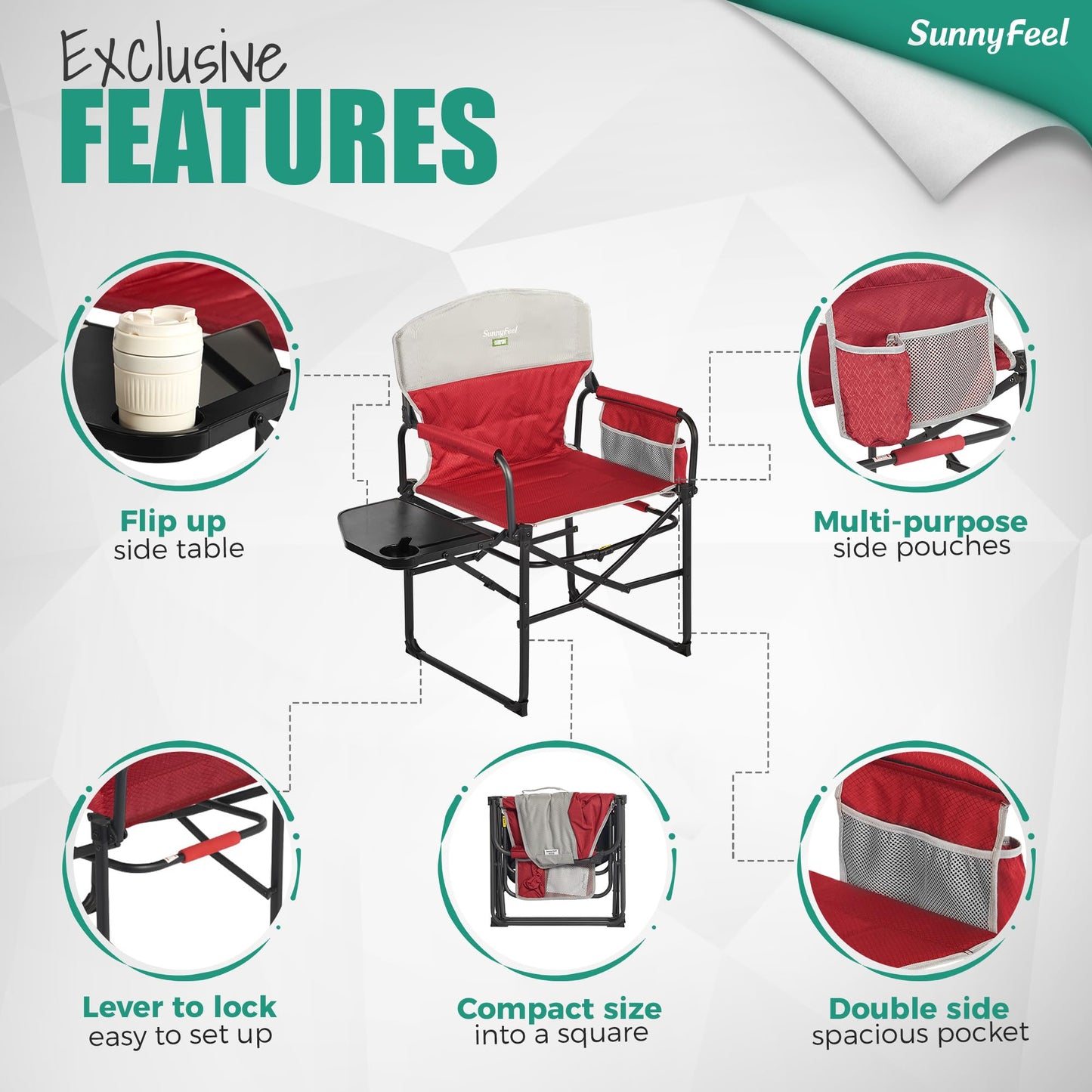 SUNNYFEEL Oversized Camping Directors Chair 2 Pack, Portable Folding Lawn Chairs for Adults Heavy Duty with Side Table,Pocket for Beach, Fishing,Picnic,Concert Outdoor, Foldable Camp Chairs