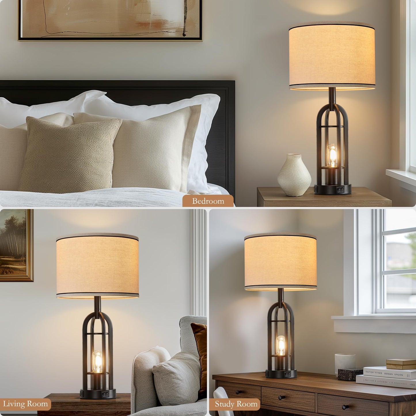 SRJJA Black Table Lamps for Living Room Set of 2 - Farmhouse Industrial Lamps for Night Stands with Night Light & USB A+C, 24" Rustic Bedside Lamp for Bedroom, Bulbs Included