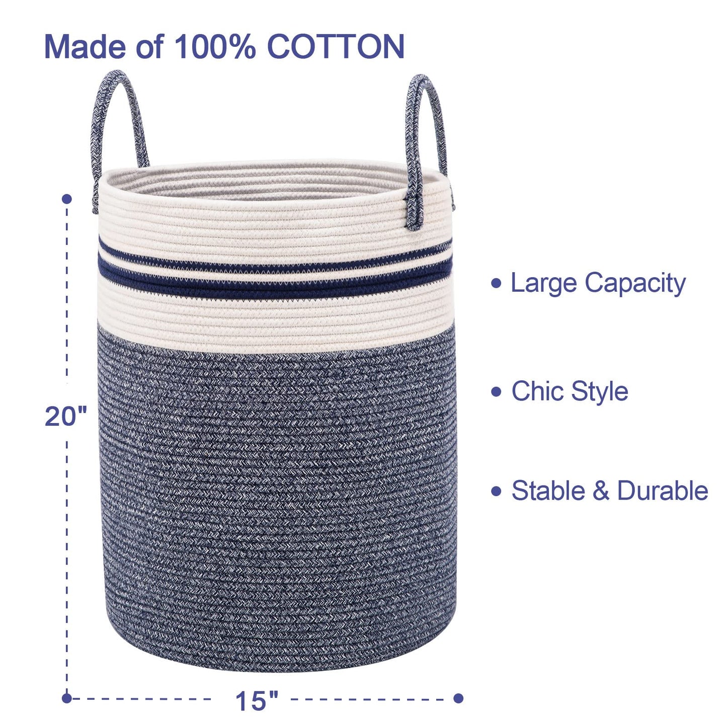 Woven Rope Laundry Hamper Basket by YOUDENOVA, 58L Tall Luandry Basket, Baby Nursery Hamper for Blanket Storage in Bedroom-Large-Blue