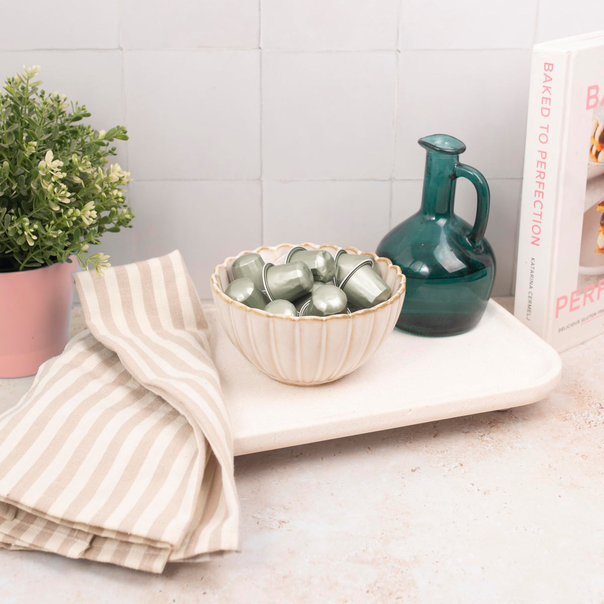 Travertine Marble Footed Tray in White Marble or Silver Travertine – Available in Two Sizes. (White, Large)