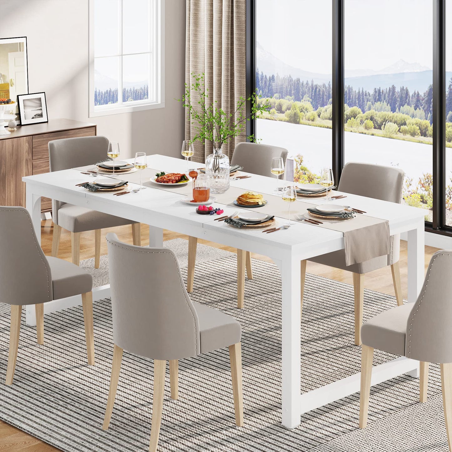 LITTLE TREE 70.9 Inch Large Dining Table Rectangular Kitchen Furniture for 6 to 8 People, White