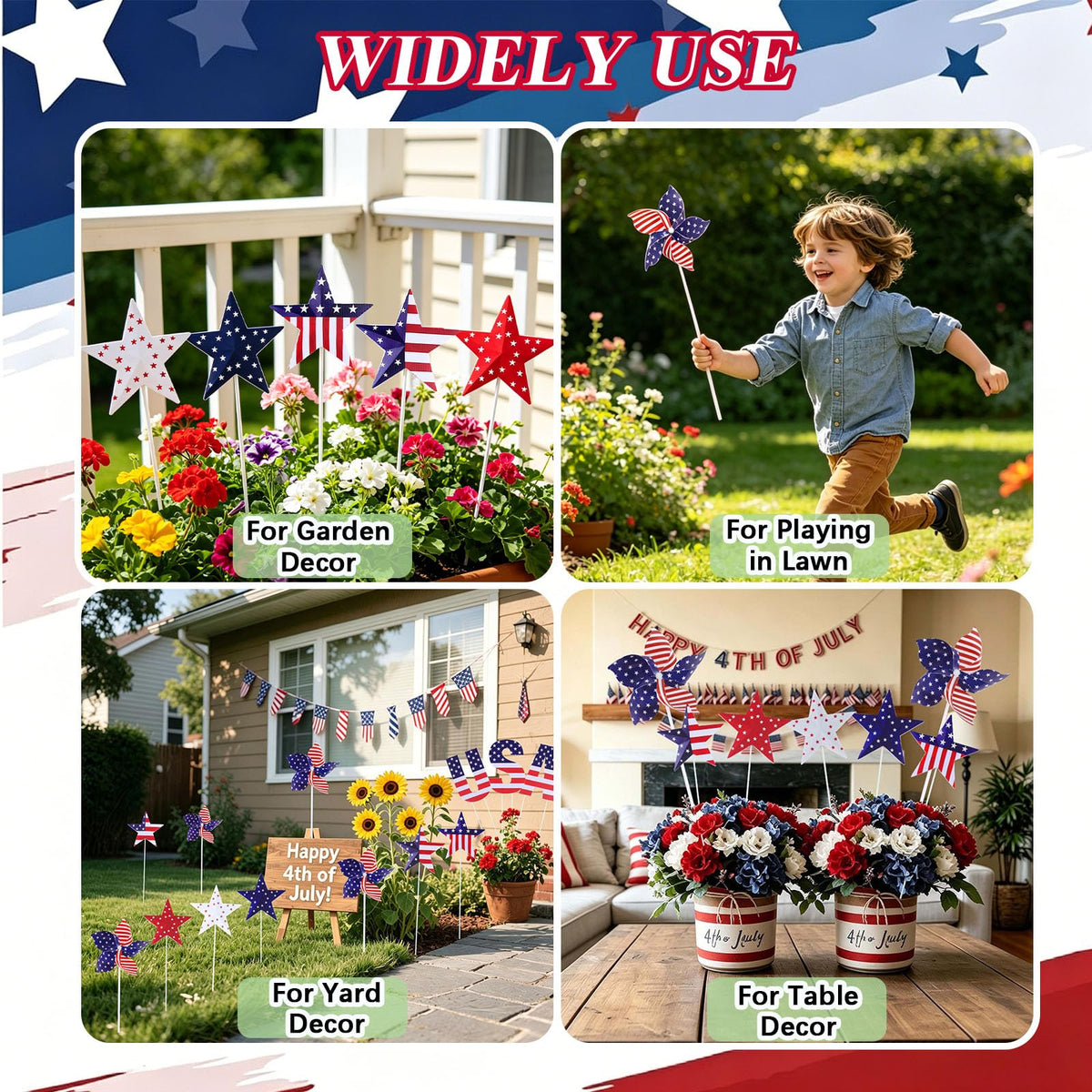Nalanzhou 13Pcs 4th of July Outdoor Decoration Garden Stakes, 250th Patriotic Plastic USA Shape Yard Signs, Red White Blue Star Planter Stakes Pinwheels for Independence Day Memorial Day Anniversary