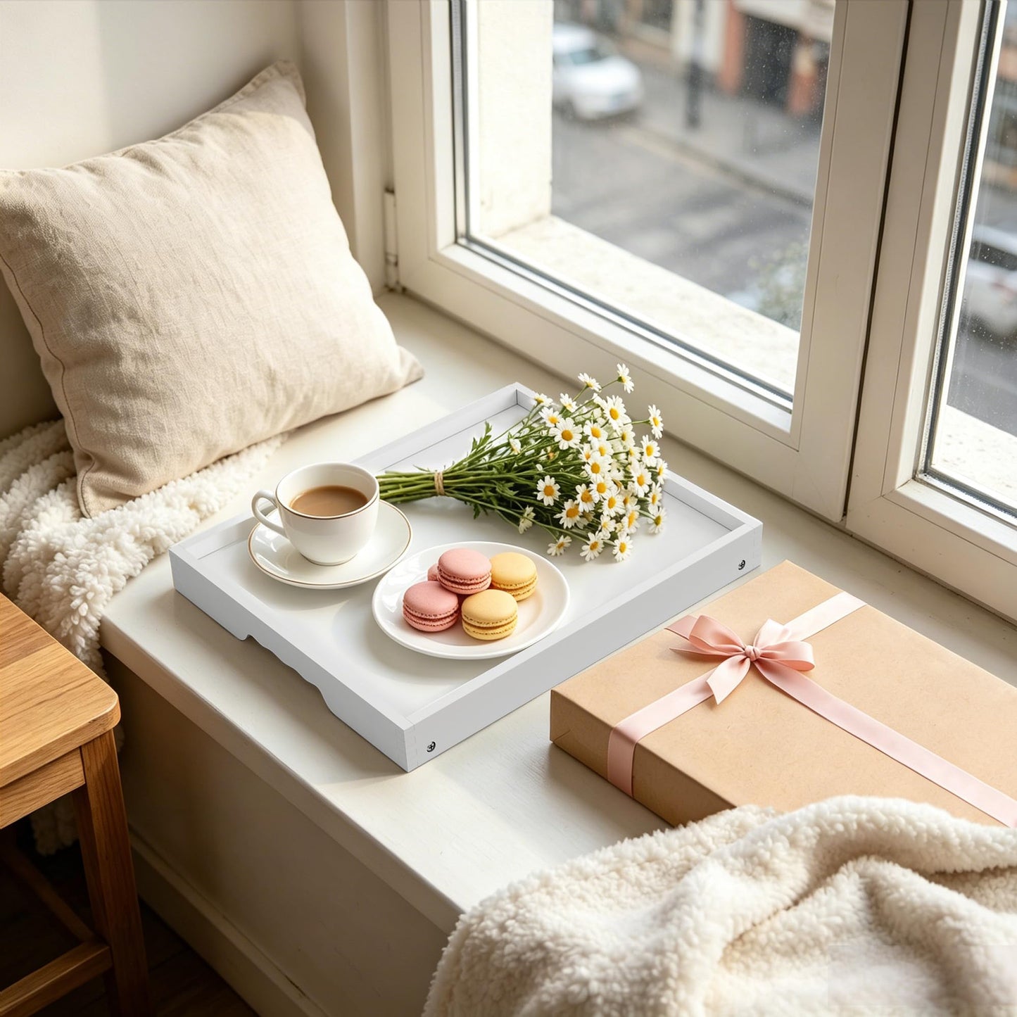 Breakfast Tray with Folding Legs Set of 2, Bamboo Bed Tray Table 15.7" Foldable TV Dinner Tray with Ergonomic Wave Handles for Bed Couch Sofa, Breakfast, Snacks, Coffee, White