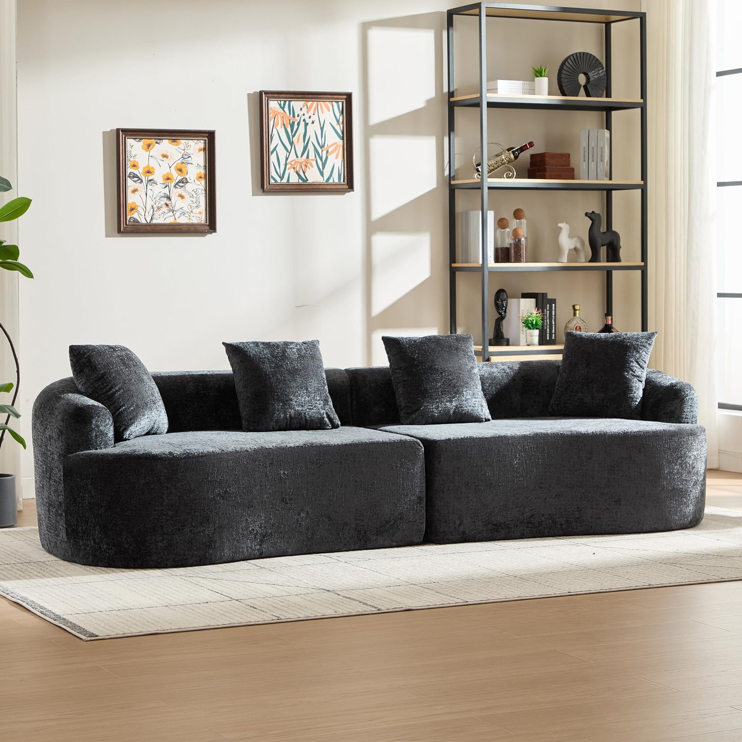 Sectional Sofa, Curved Cloud Sofa Couch, Chenille Full Sponge Chaise for Living Room, Apartment (Black, 110 Inch)