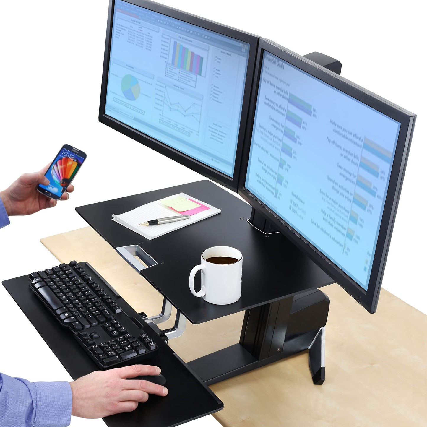 Ergotron – WorkFit-S Dual Monitor Standing Desk Converter, Sit Stand Workstation for Tabletops – with Worksurface, Black