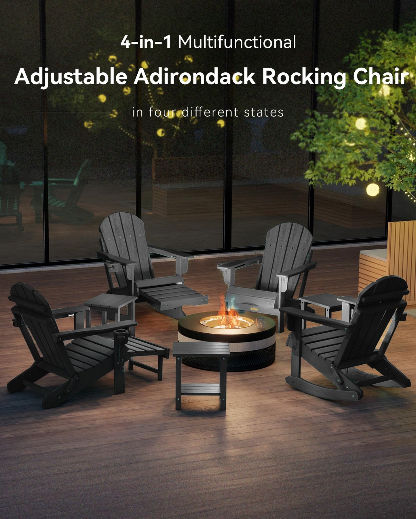 Serique Adjustable Adirondack Rocking Chair with Retractable Ottoman, 4-in-1 Multifunctional Folding Patio Chair with Cup Holder, Outdoor Chair Wood Texture for Lawn, Porch, Backyard, Pool(Black)