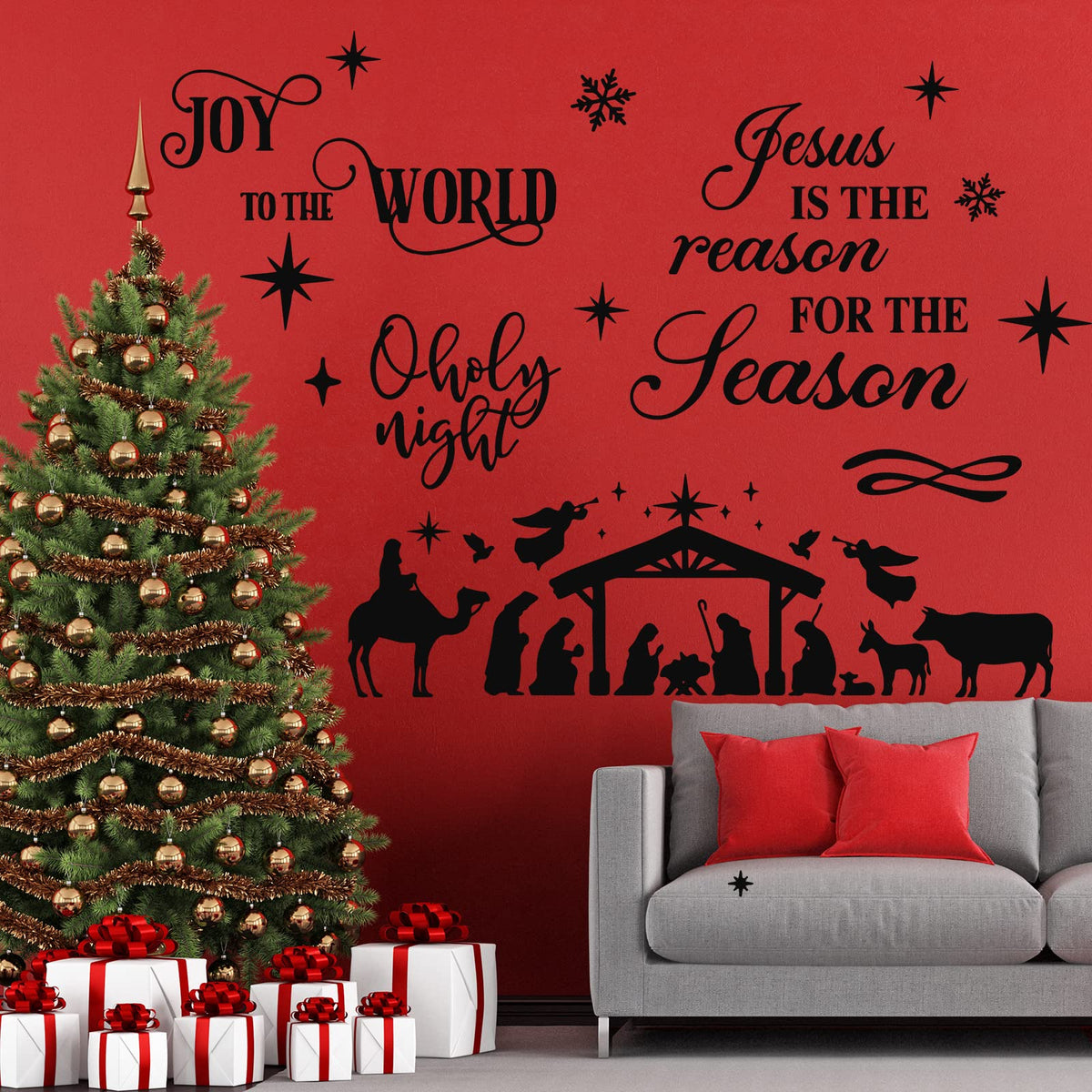 3 Pcs Nativity Scene Decor Stickers Christmas Bible Quotes Christian Vinyl Wall Decal Set Jesus is The Reason for The Season Bible Verse Wall Decals Joy to The World Stickers for Home