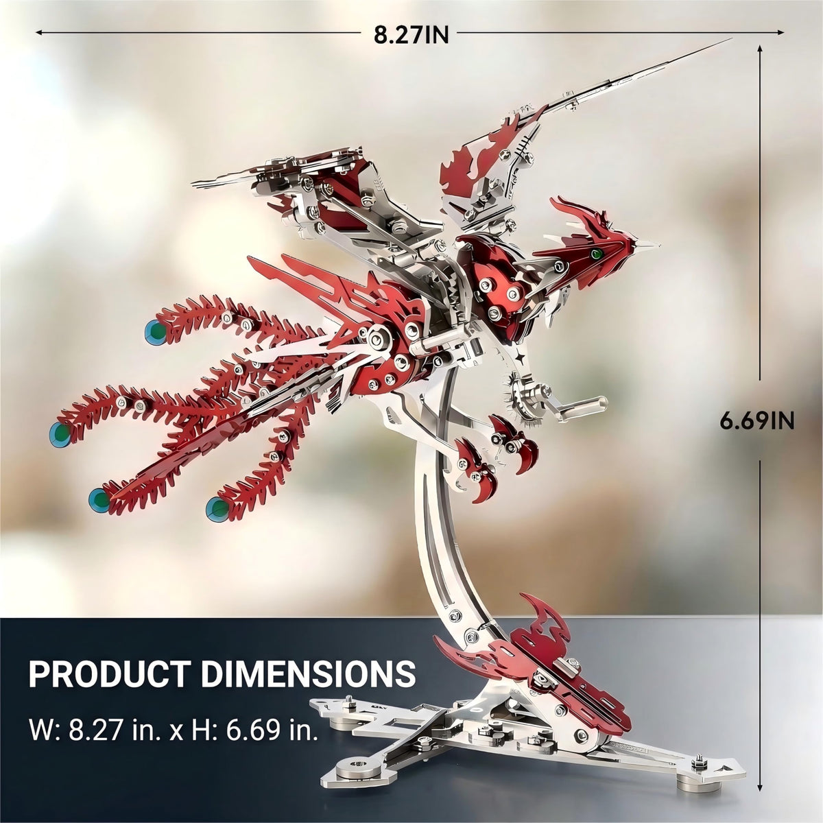 Gold-Plated Metal Phoenix Model Kit - 3D Stainless Steel Mythical Bird Puzzle for Adults - Mechanical Firebird Figurine - Steampunk Kinetic Art Sculpture - Home Decor Gift(Phoenix-Red)