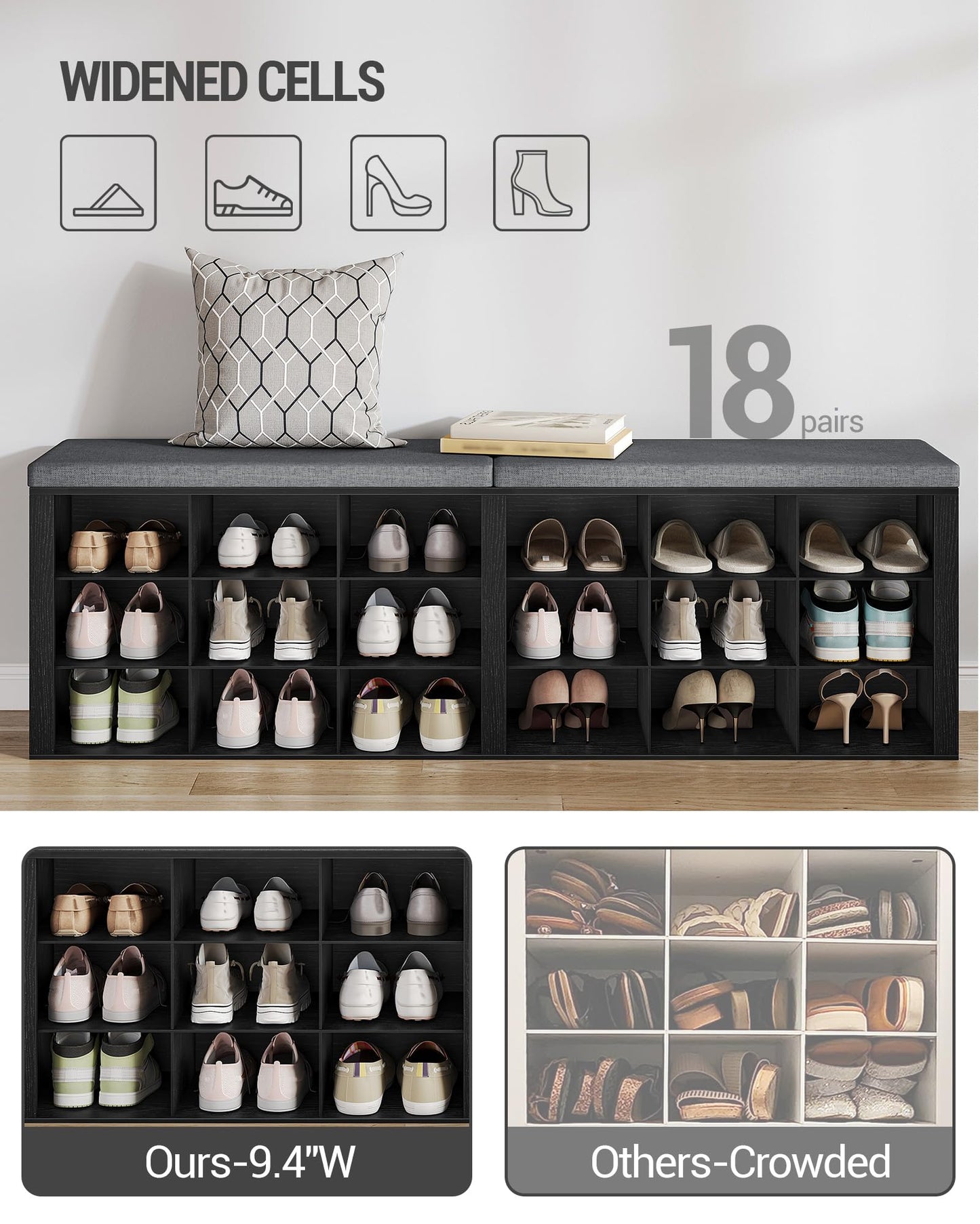 Hzuaneri Shoe Storage Bench with Cushion, Entryway Storage Bench with 18 Cubbies, 9.5" Widened Organizer Cabinet, Long Cubby Rack for Living Room, Bedroom, Entryway, Black SB25704GY