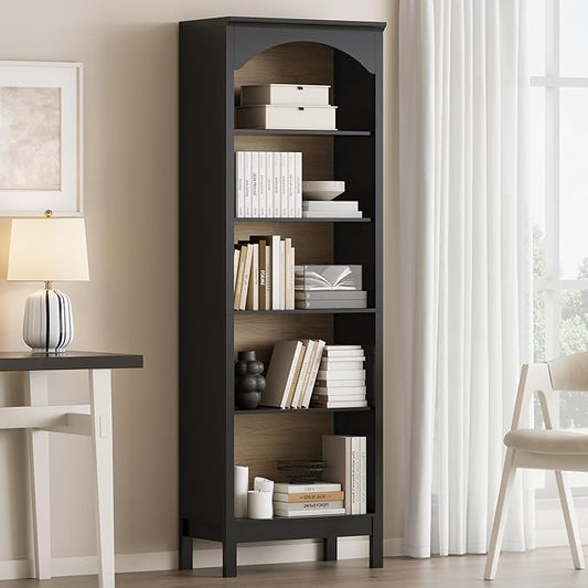 Arched Bookshelf with 5 Tier Open Shelves, Study and Living Room, Modern Black