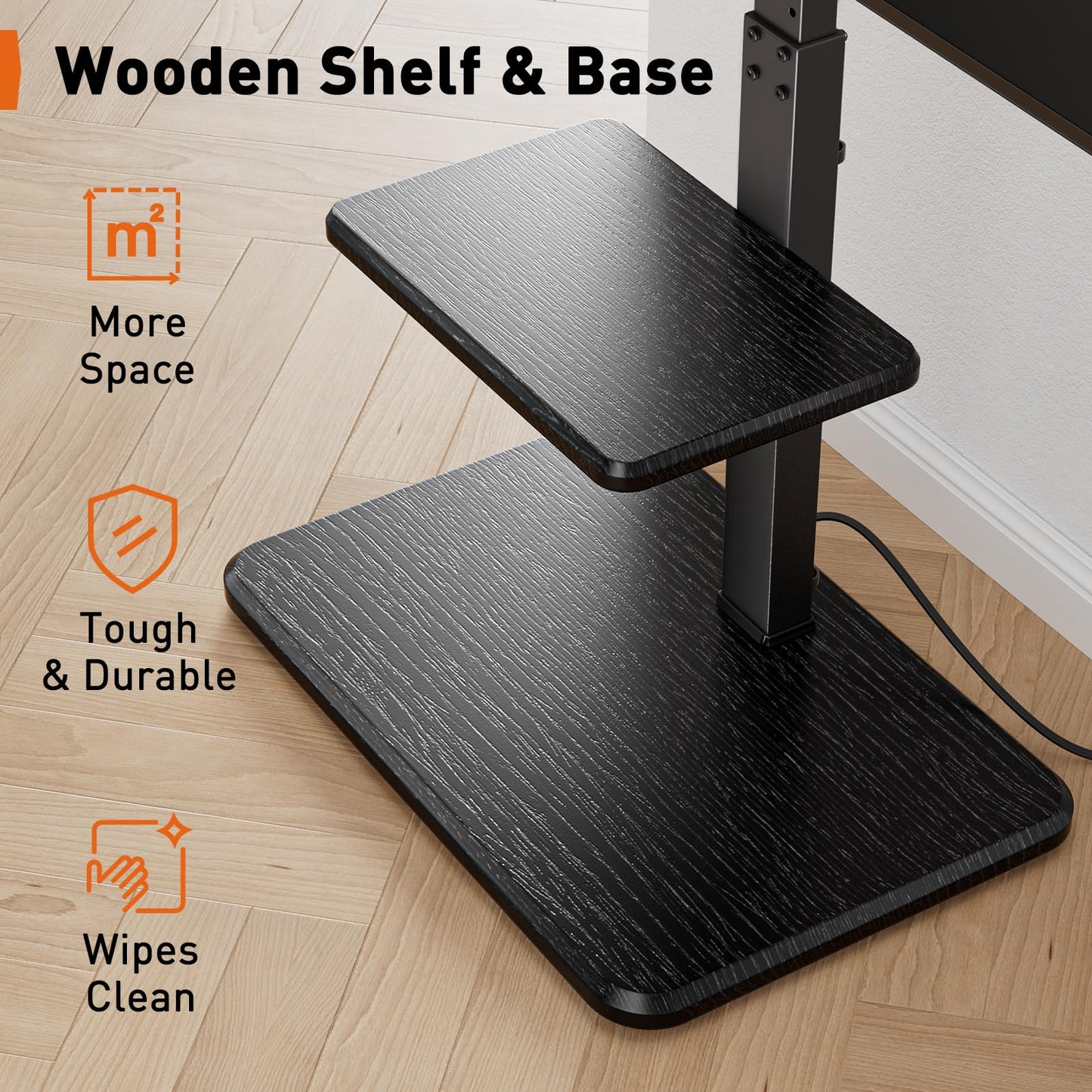 Perlegear Floor TV Stand with Power Outlet, Universal TV Stand for 32-75 inch TVs up to 110 lbs, Height Adjustable Standing TV Mount, Tall TV Mount with Wood Base, Max VESA 600x400mm, PGFS06