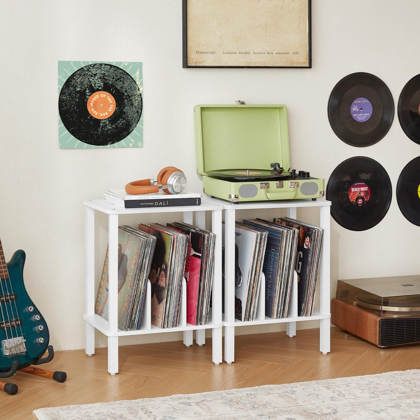LELELINKY 2-Tier Record Player Stand with Vinyl Record Storage up to 100 Albums, Bedroom Record Holder and Multi-Functional End Table for Living Room, White