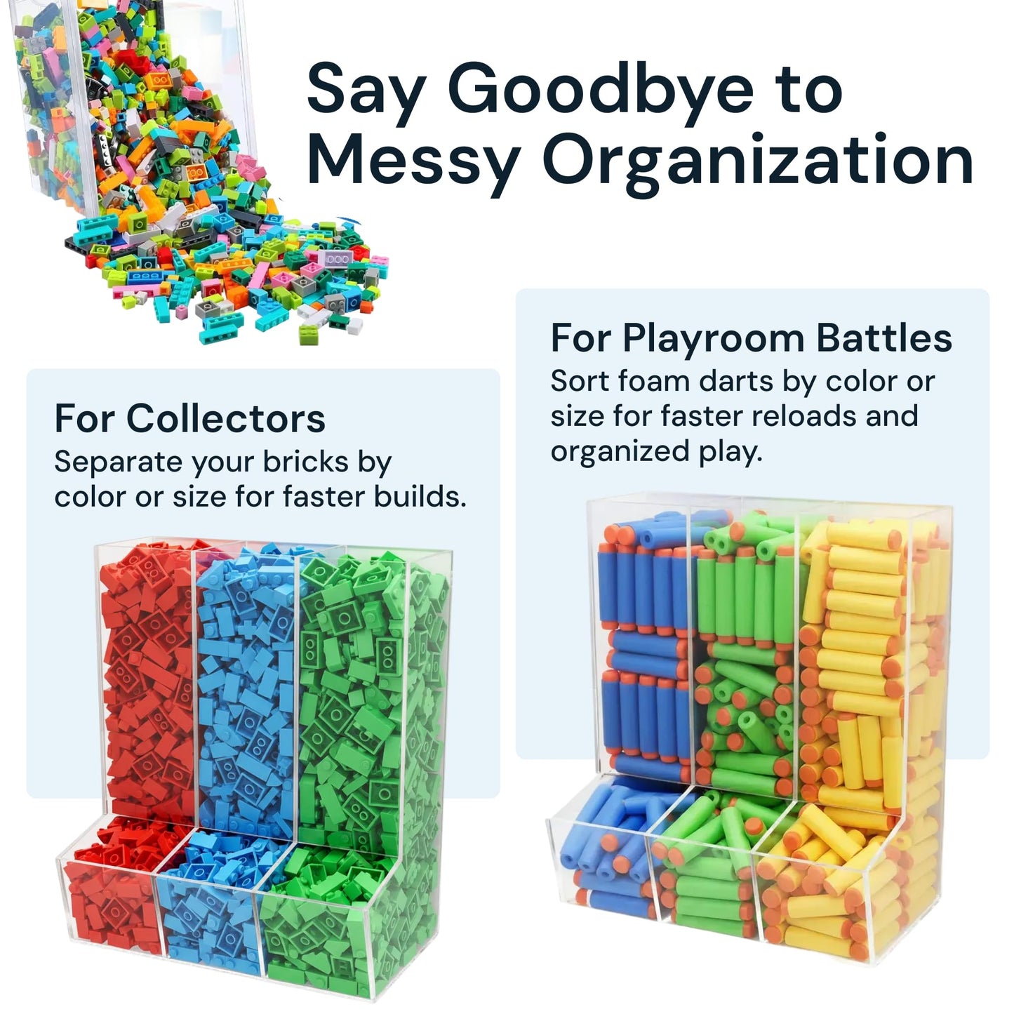 SimplyImagine Triple Acrylic Toy Dispenser for Kids - Self-Serve Snack & Toy Foam Blasters, Car Storage for Wall or Countertop - Clear 3-Compartment Hanging Organizer for Playroom & Nursery - 12.5" H