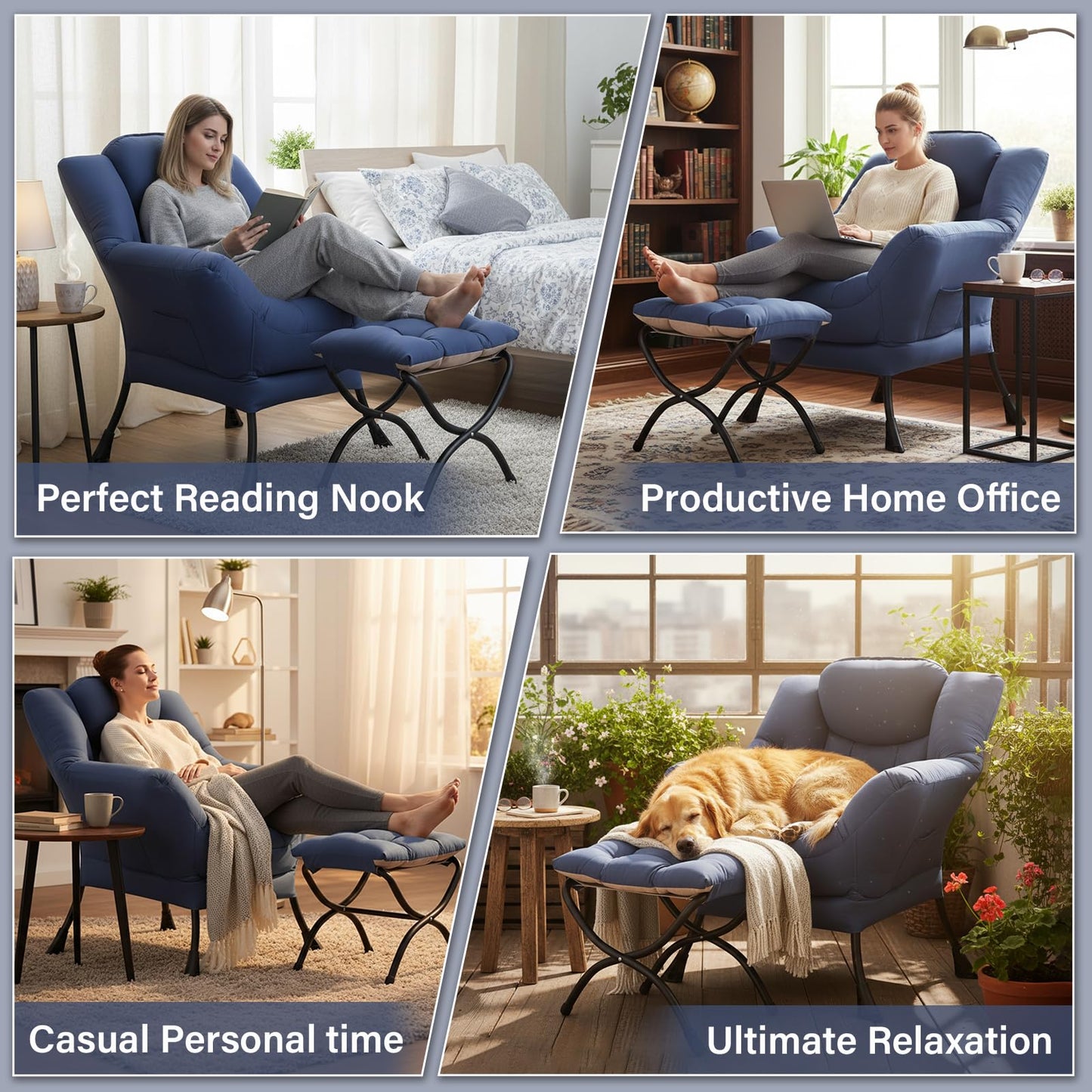 Givjoy Lazy Chair and Ottoman, Peach Blue Large Accent Chair with Side Pocket, Modern Leisure Upholstered Sofa Reading Armchair with Footrest for Office, Bedroom, Living Room, Dorm Rooms, Balcony