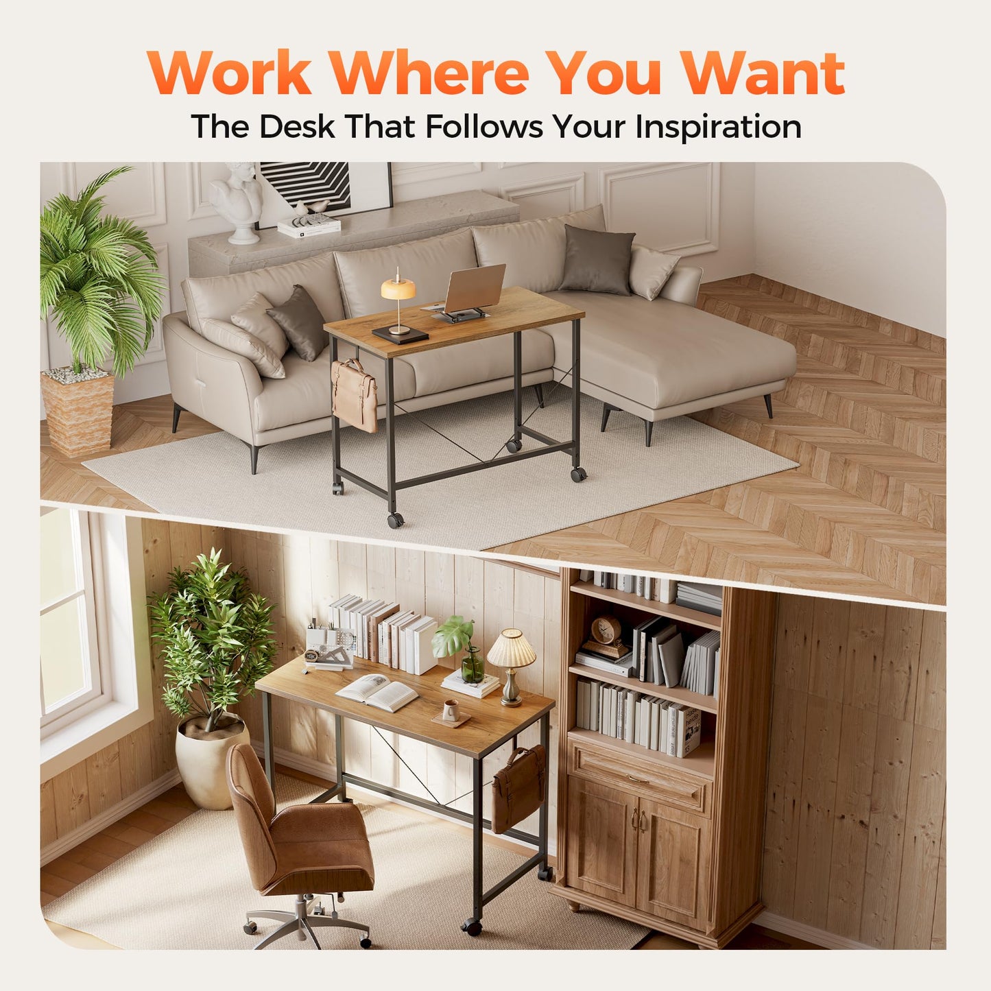 Mericonia 32 inch Rolling Computer Desk with Wheels, Gaming Desk for Small Spaces, Modern Simple Style Table for Home Office, Study Writing Table