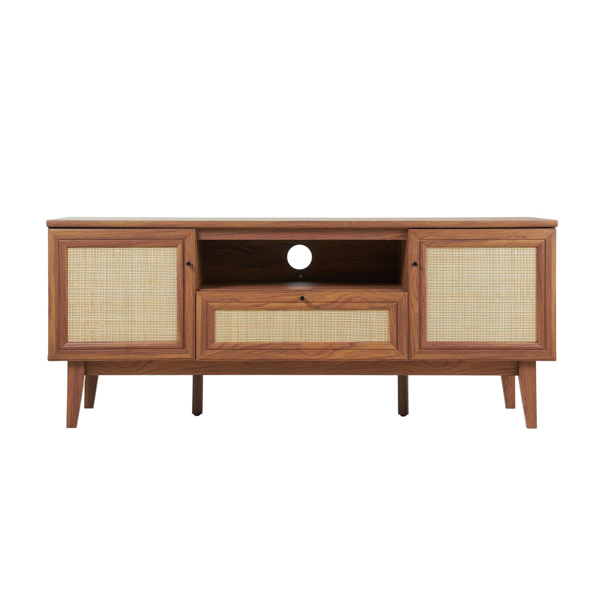 JONATHAN Y Finley 59" Mid-Century Walnut Rattan TV Stand for TVs up to 65 Inch, Wood Media Console with Woven Cane Soft-Close Doors and Drawer, Bohemian Entertainment Center for Living Room TVS1002B