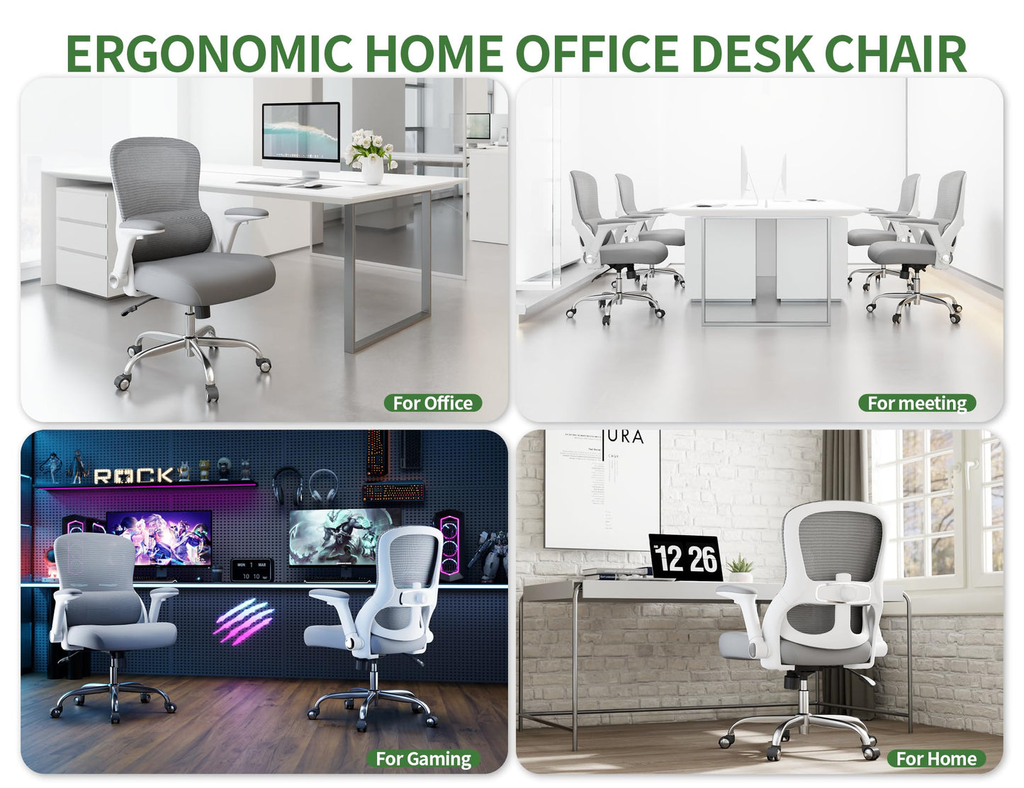 Ergonomic Office Chair: 400LBS Office Computer Desk Chair with High Back Mesh and Adjustable Lumbar Support Rolling Work Swivel Task Chairs with Wheel 3D Armrests, Ergo Gaming Chair (Grey)