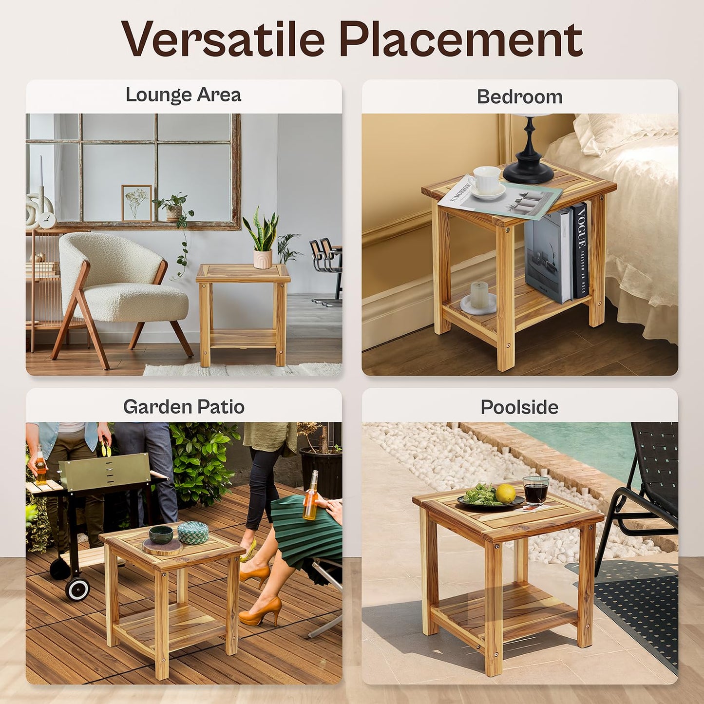 AN68 Adirondack Side Table – Weather-Resistant Rectangular End Table for Patio, Garden, Lawn, or Living Room | Indoor & Outdoor Wood Side Table, Rustic Style (Natural Teak Wood)