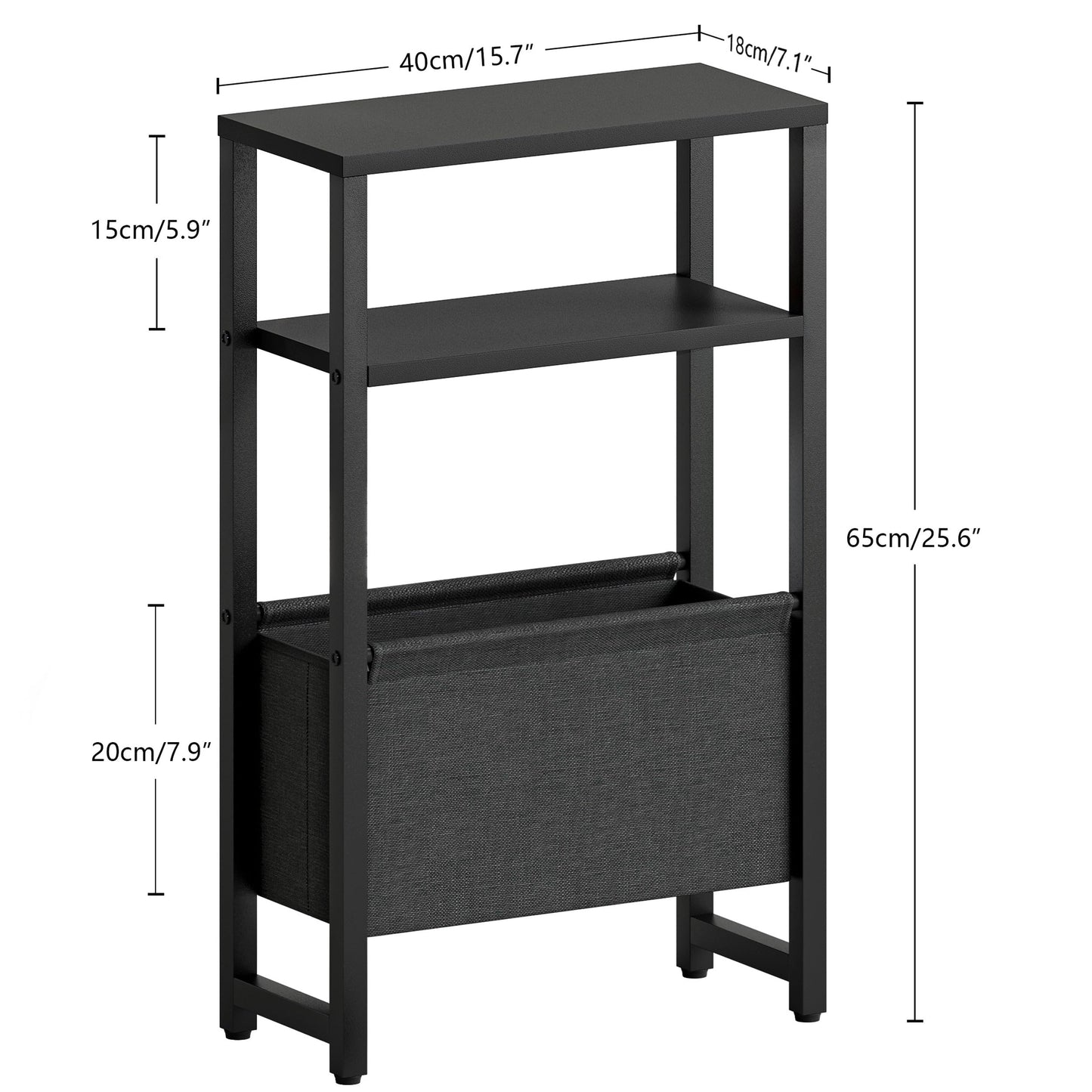 IRCPEN Narrow Side Table, Slim End Table with Magazine Rack, Skinny Bedside Table for Small Spaces, 3 Tier Sofa Couch Table Nightstand for Living Room, Bedroom, Black LET503B