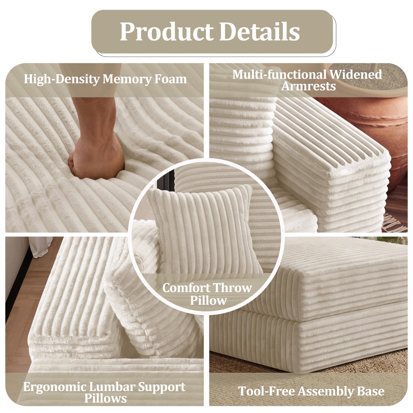 75'' L-Shaped Cloud Modular Sectional Couch with Chaise, Modern Corduroy Memory Foam Sofa Bed, Upholstered Boneless Deep Seat Fluffy Sleeper Sofa, for Living Room, No Assembly Needed (Beige)