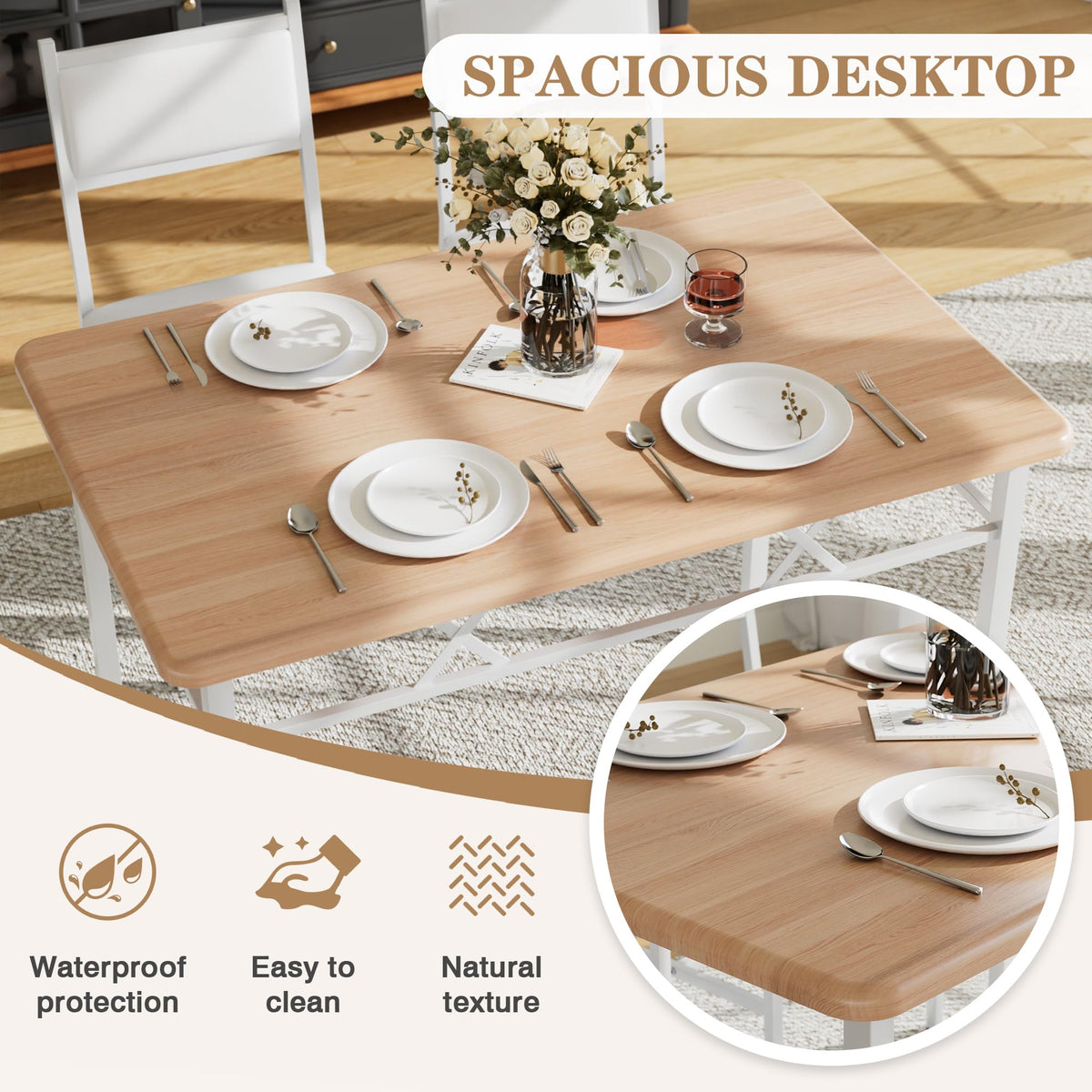 VECELO Dining Table Set for 4 with Chairs, 5-Piece Kitchen Table and Upholstered Padded Chairs Set for Small Space, Dining Room, Apartment, Natural White