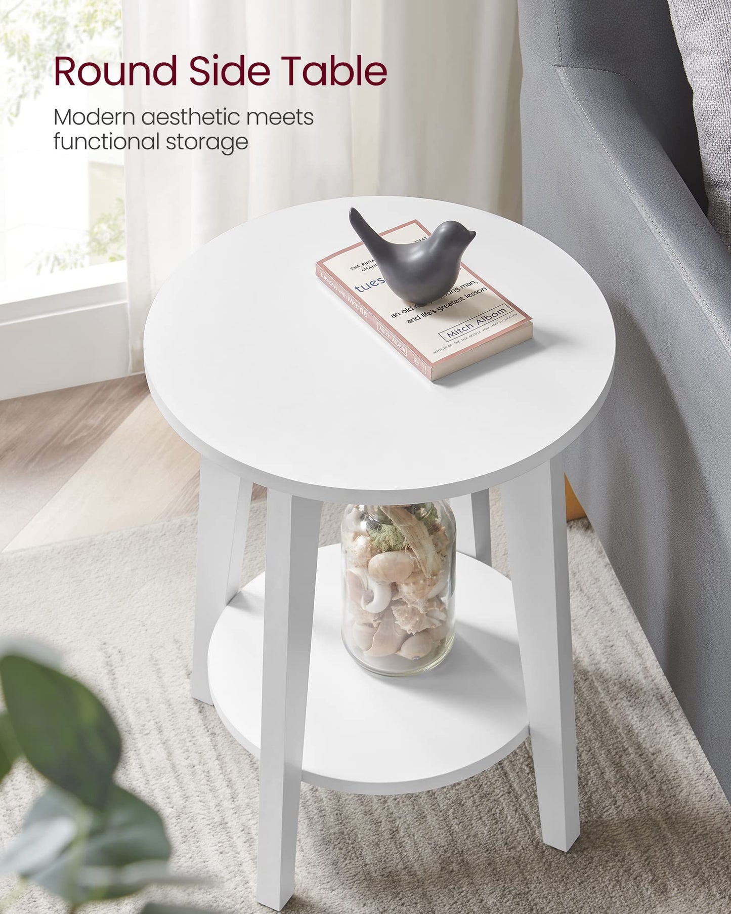 VASAGLE MAEZO Collection - Side Table, 2-Tier Small Round End Table, Nightstand with Tapered Legs, Curved Transitions, for Small Spaces, Living Room, Bedroom, Cloud White ULET283T14